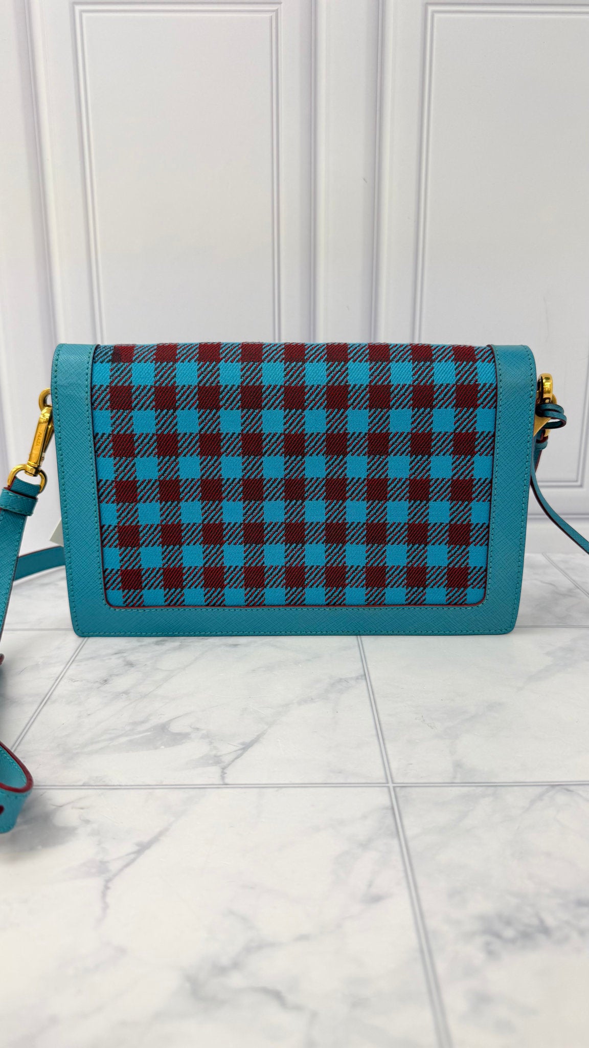 Prada Blue And Burgundy Canvas Leather Checkered Crossbody Bag 