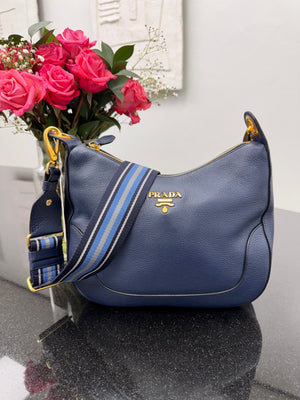 LIKE NEW - Prada Blue Grained Leather Crossbody Bag