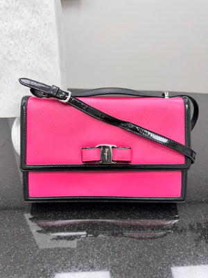 Salvatore Ferragamo Pink Saffiano Leather Vara Bow Medium Flap Crossbody Bag