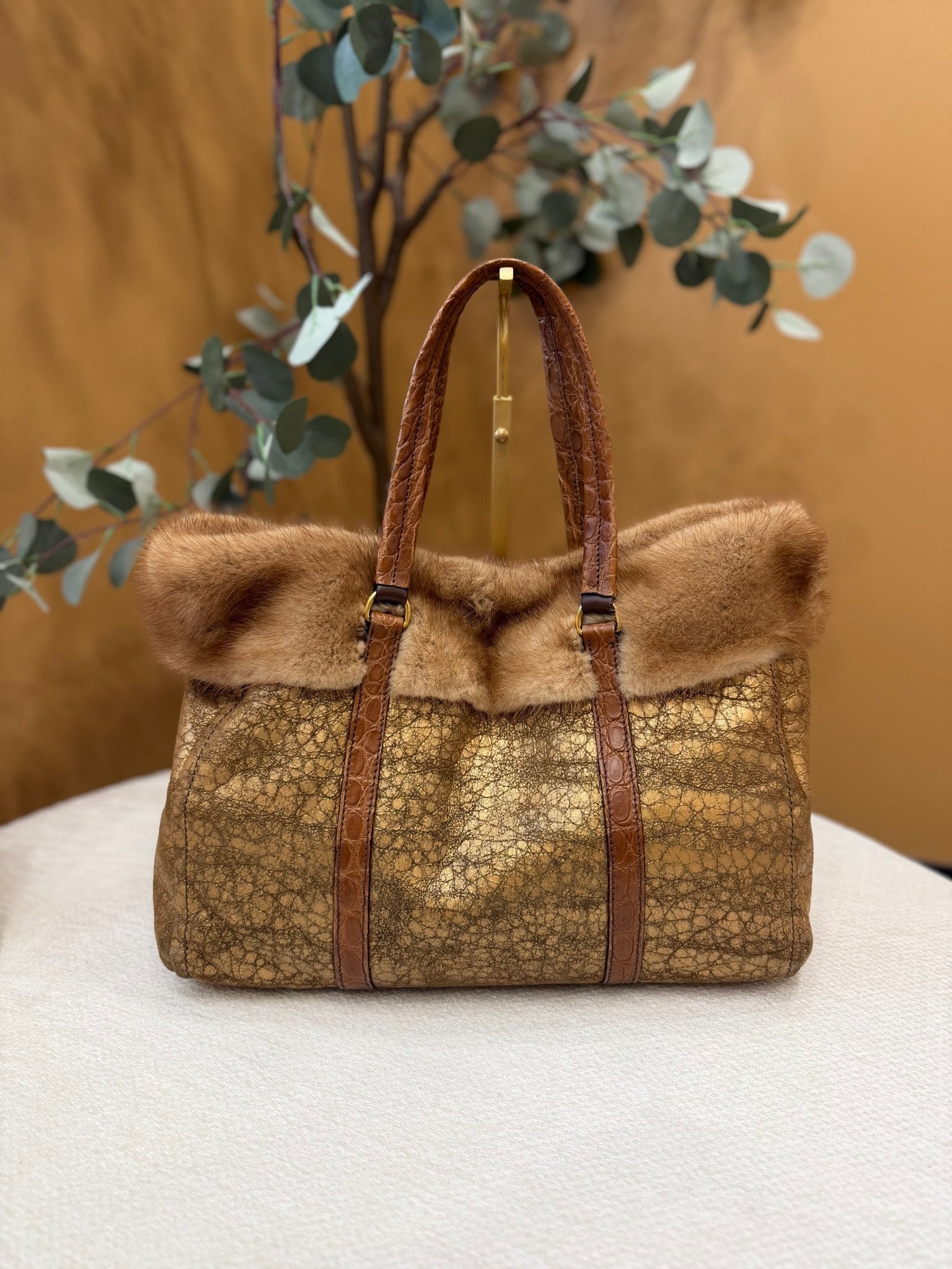 Prada Gold Distressed Sheepskin And Mink Trim Bag