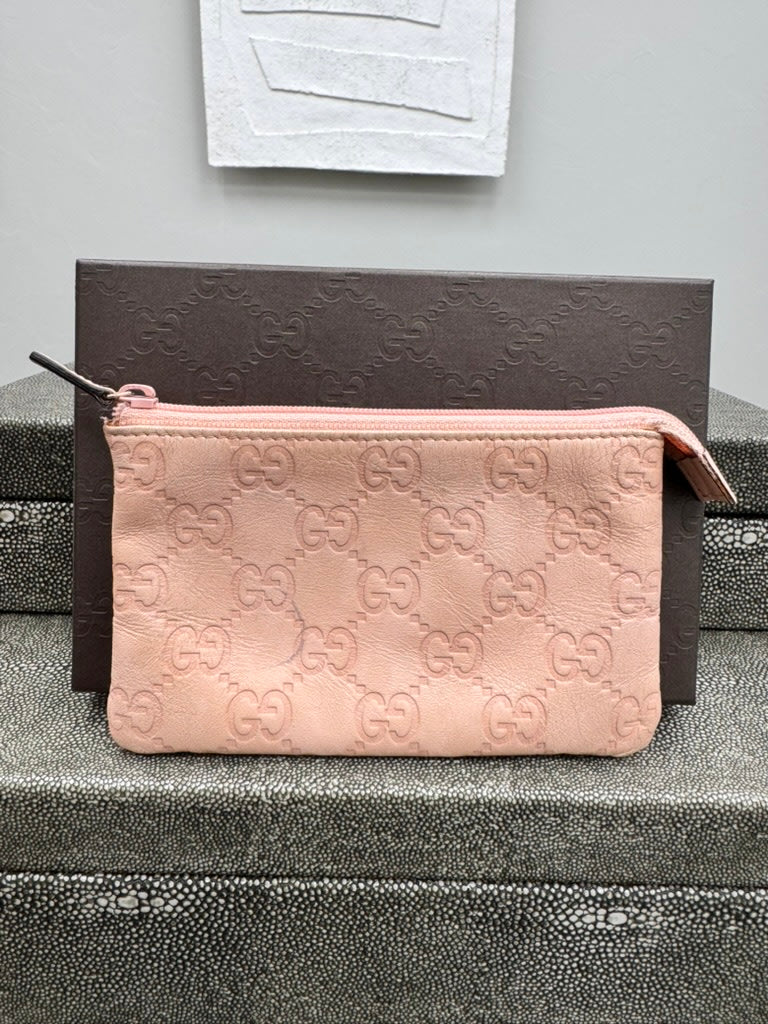 Gucci Pink Guccissima Embossed Leather Zip Pouch