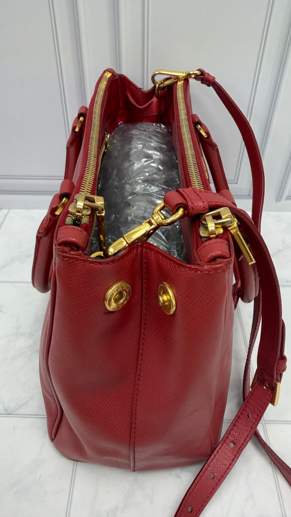 Prada Red Saffiano Leather Small Double Zip Galleria 2way Tote