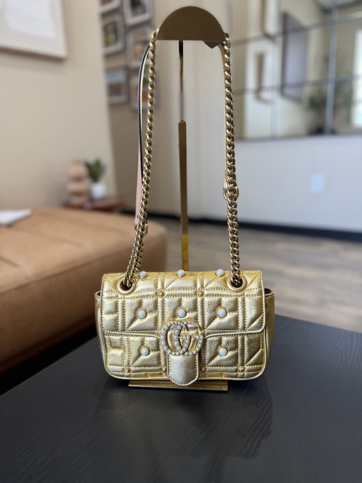 Gucci GG Marmont Metallic Gold Studded Mini Pearl Crossbody