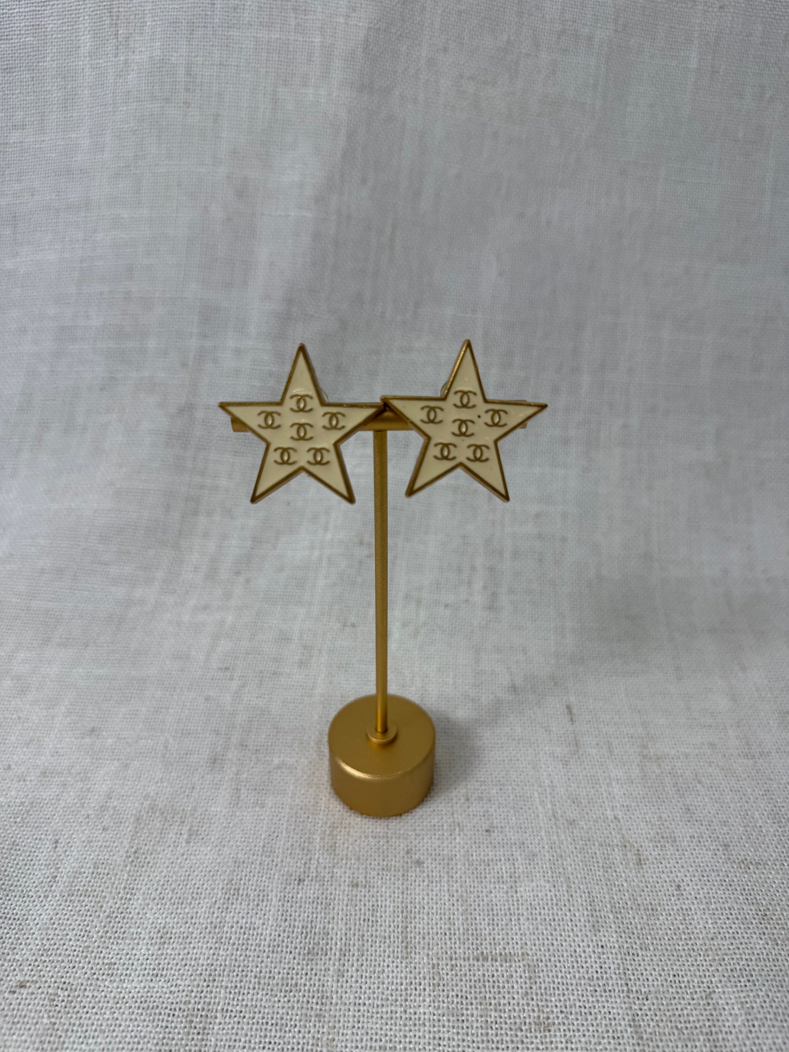 Chanel Ivory And Gold Star Clip On Earrings 