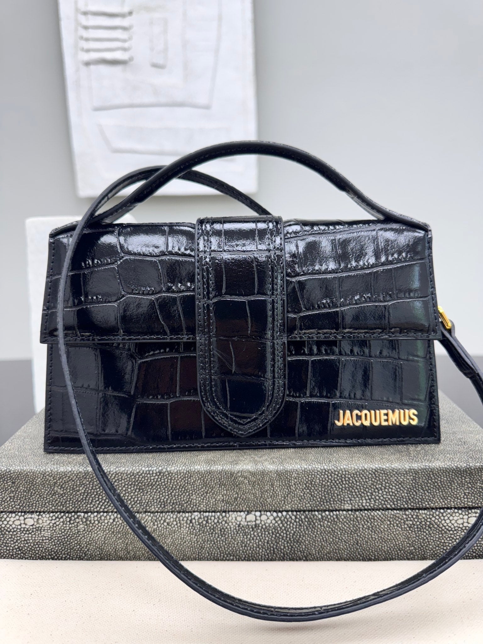 BRAND NEW - Jacquemus Black Croc Embossed Leather Le Bambino Handbag 2Way Handbag