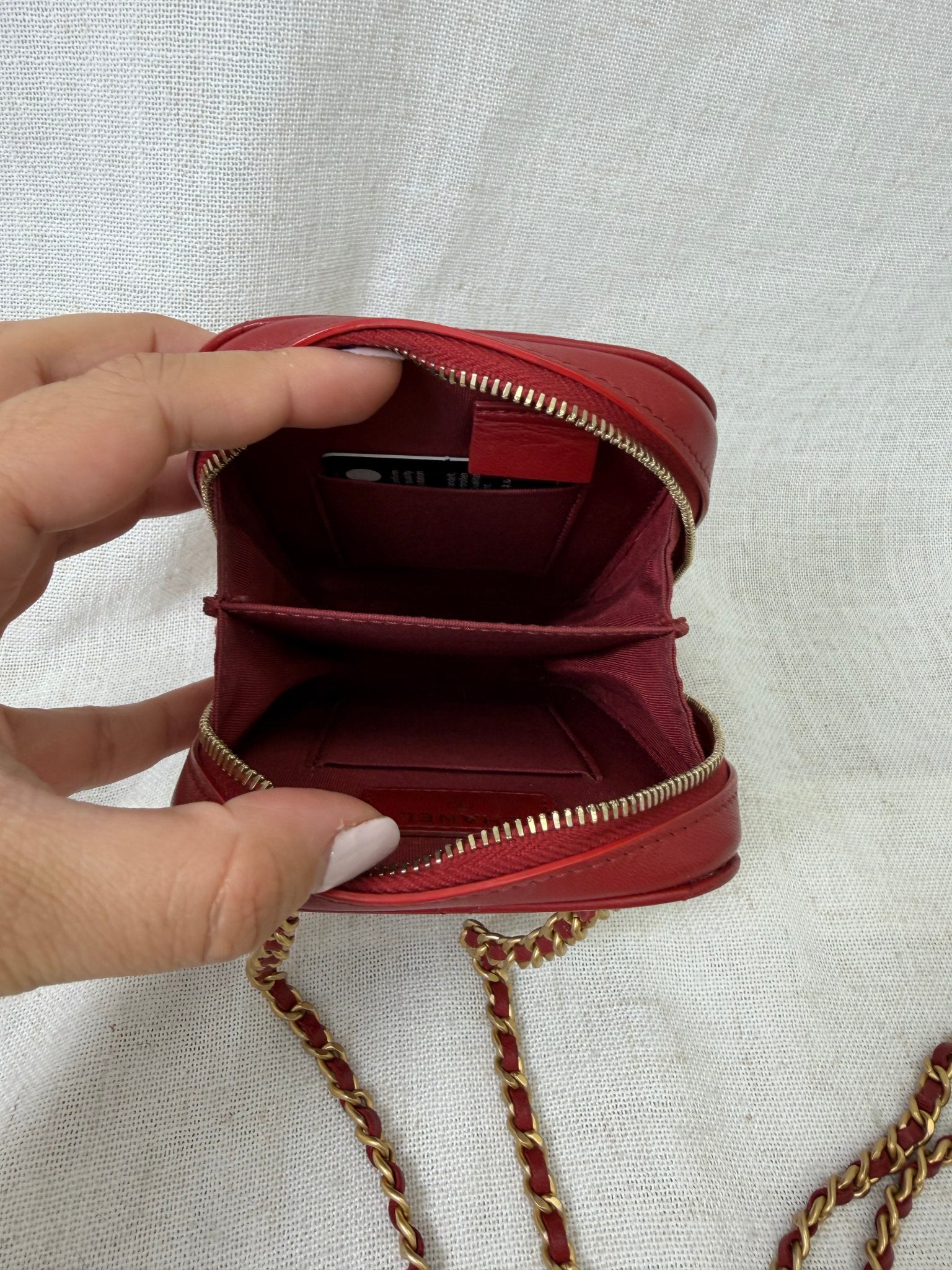 Chanel Red Quilted Lambskin Leather Chain Phone Holder  