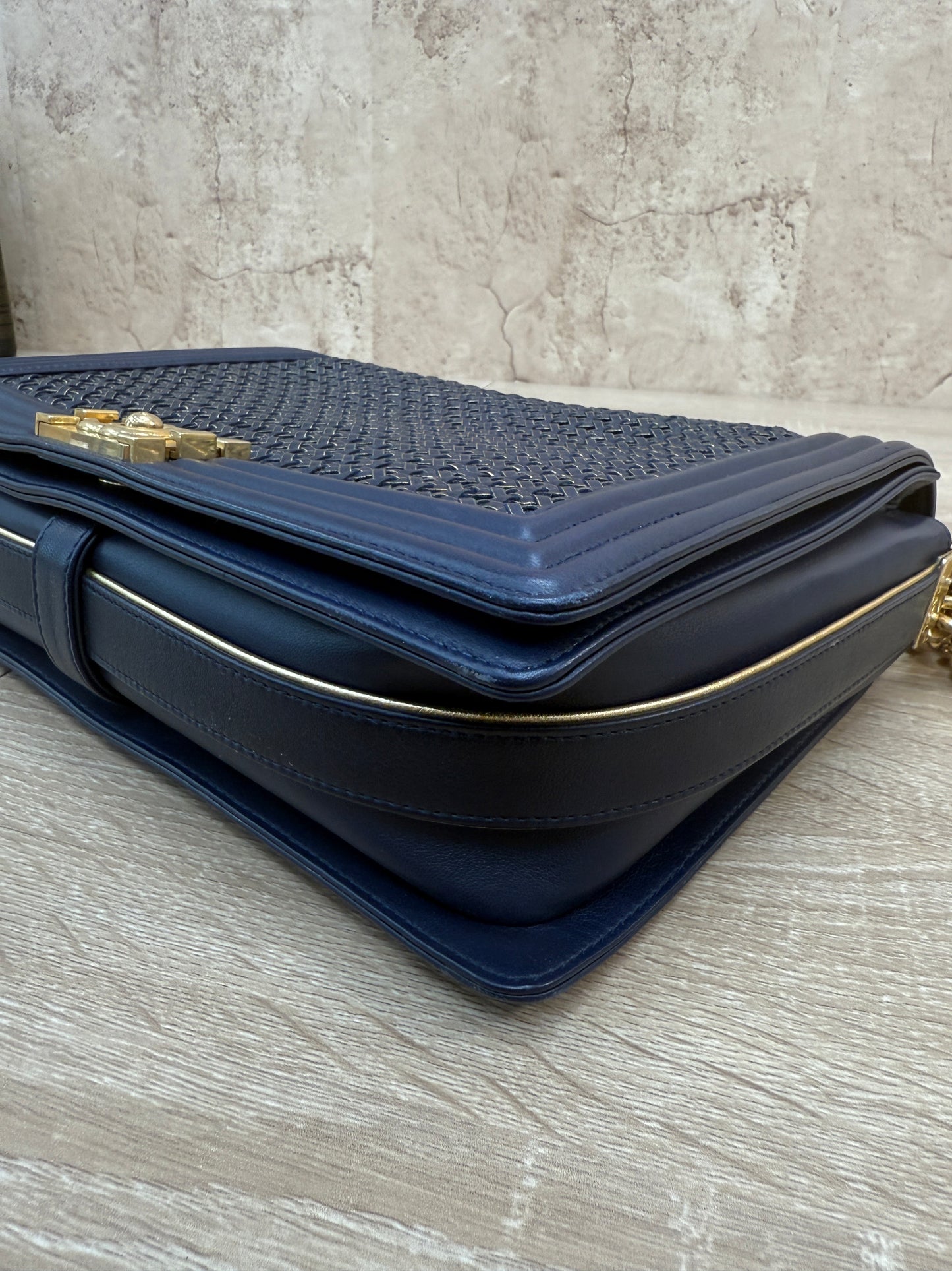 Chanel Navy Lambskin Braided Woven Boy Flap