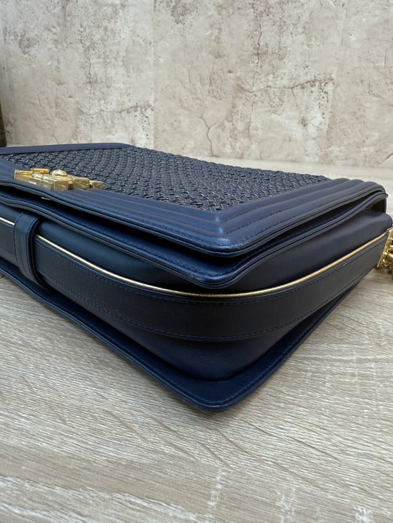 Chanel Navy Lambskin Braided Woven Boy Flap