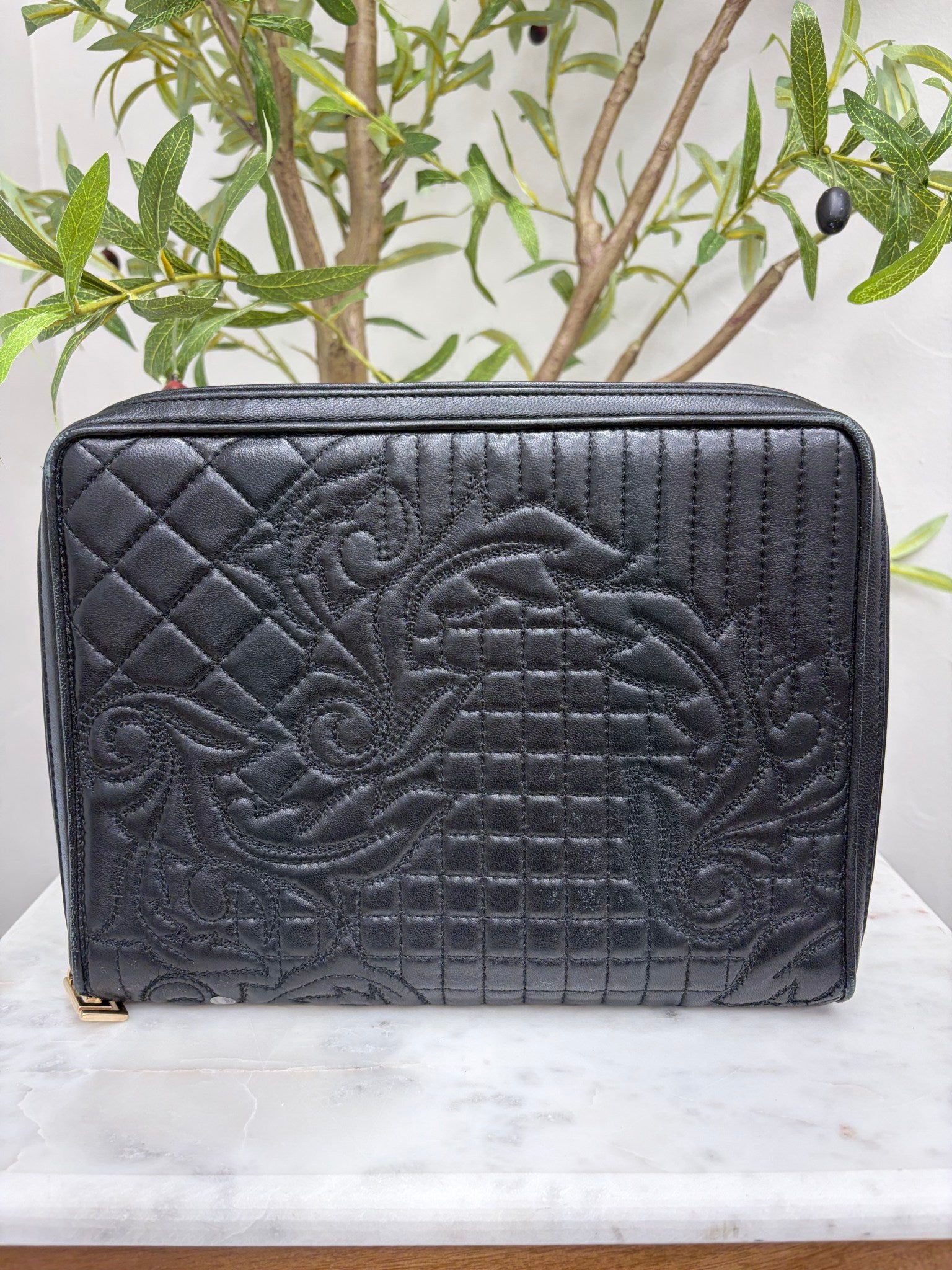 Versace Black Quilted Leather Portfolio