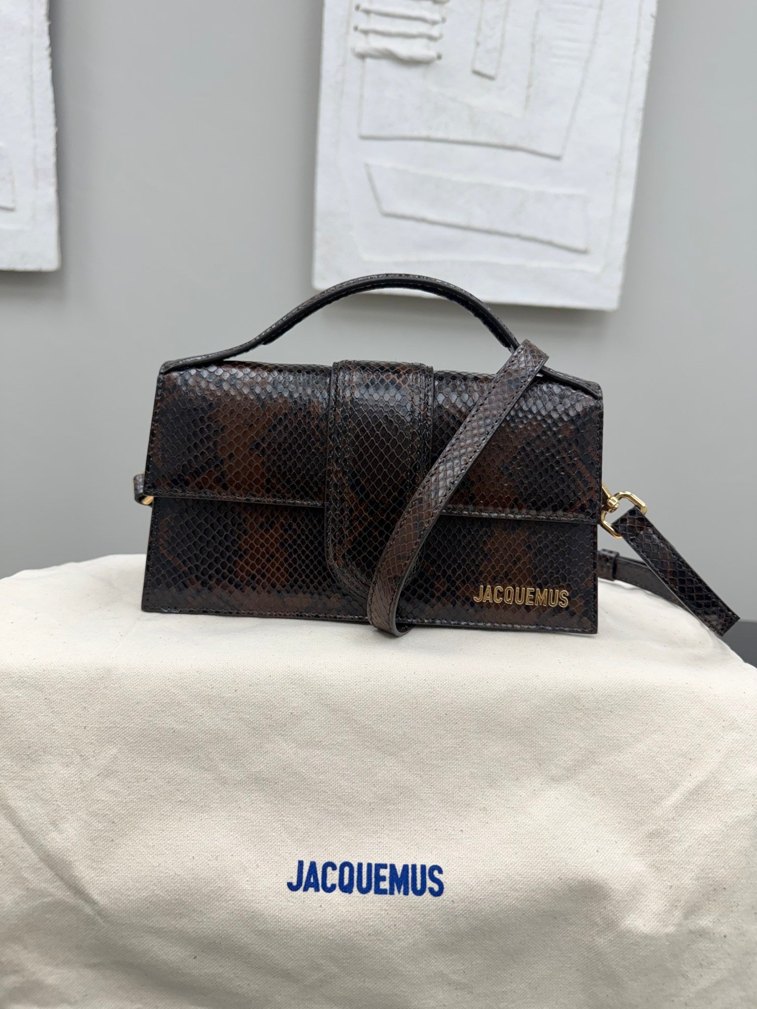 BRAND NEW - Jacquemus Brown Snakeskin Embossed Le Grand Bambino Handbag 2Way Handbag