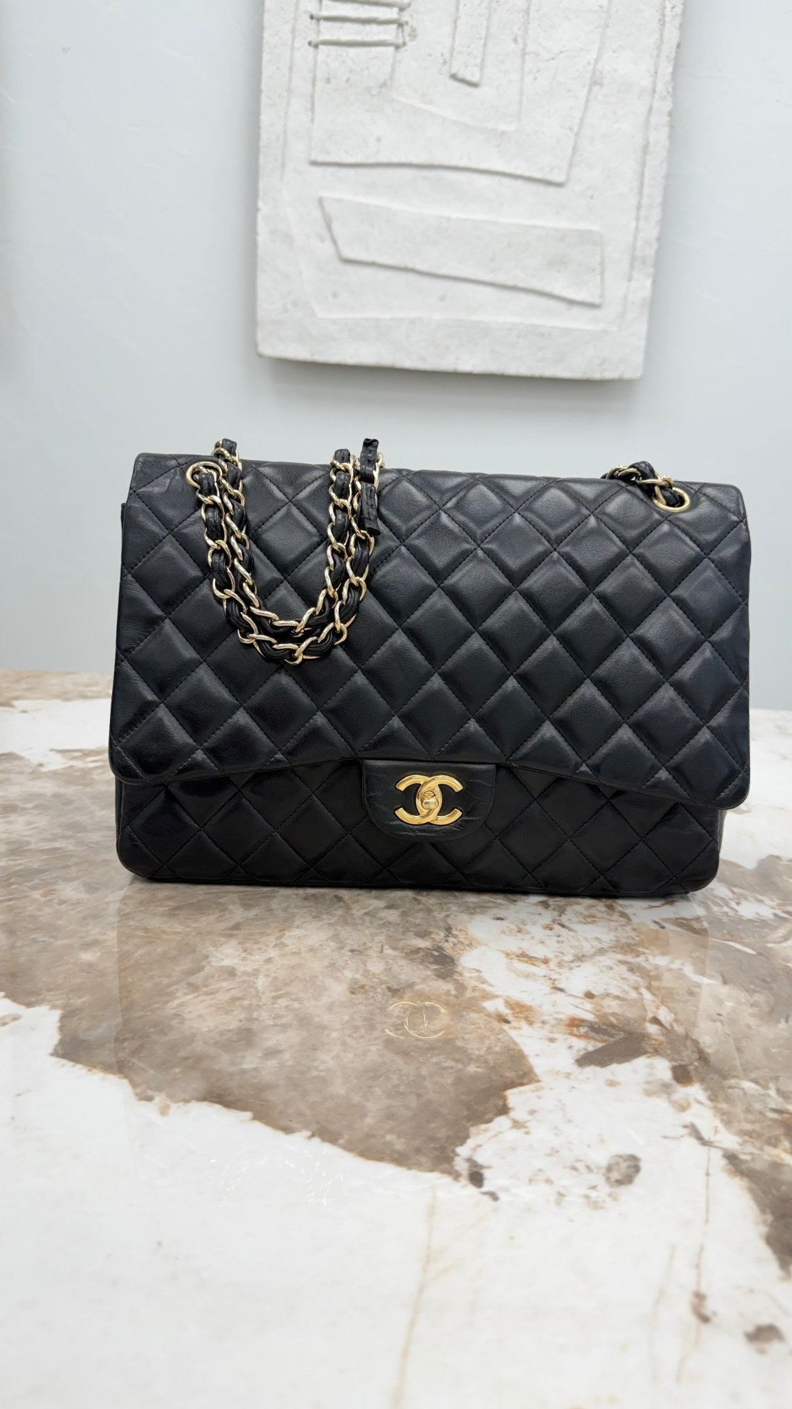 Chanel Black Quilted Lambskin Leather Maxi Flap Bag