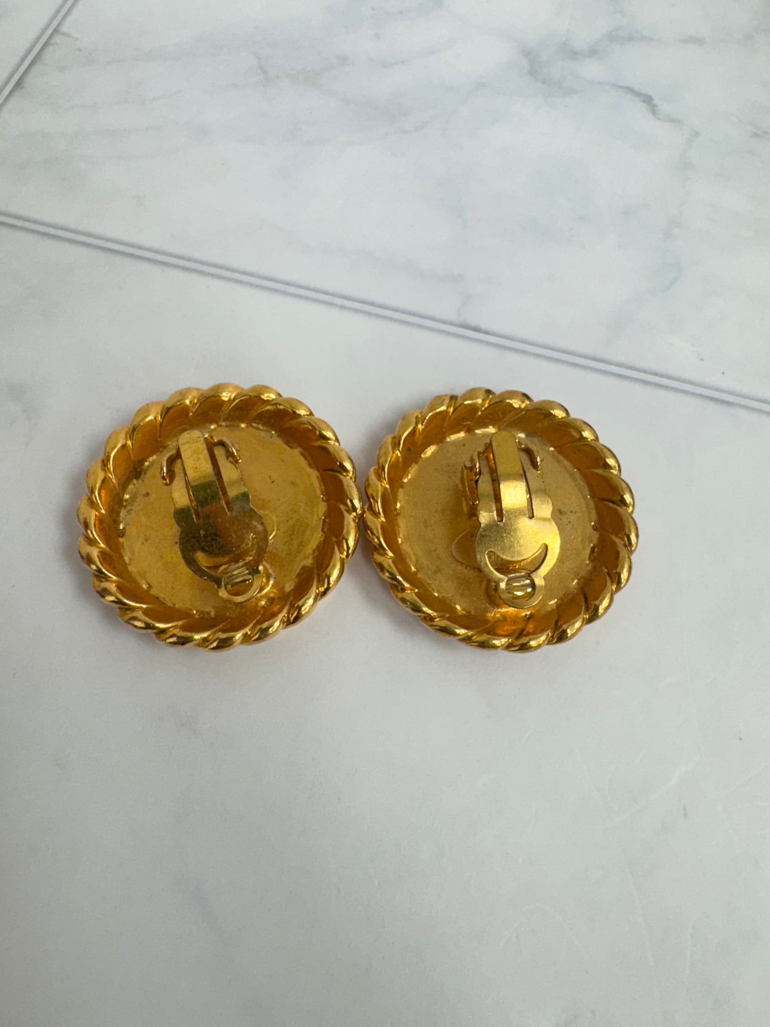 Chanel Gold Tone Clover Motif Round Earrings