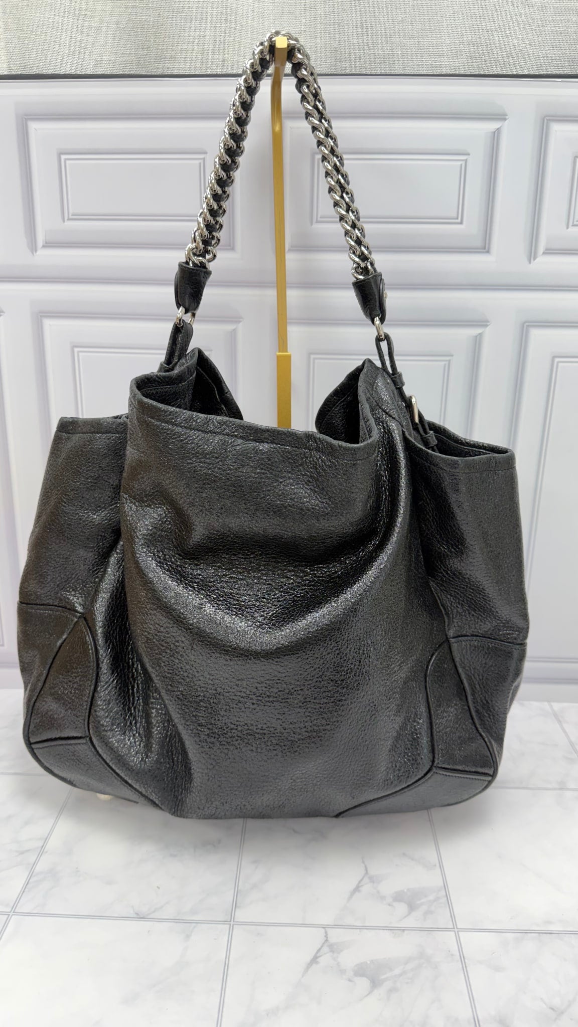 Prada Black Glazed Crinkle Leather Hobo Chain Shoulder Bag