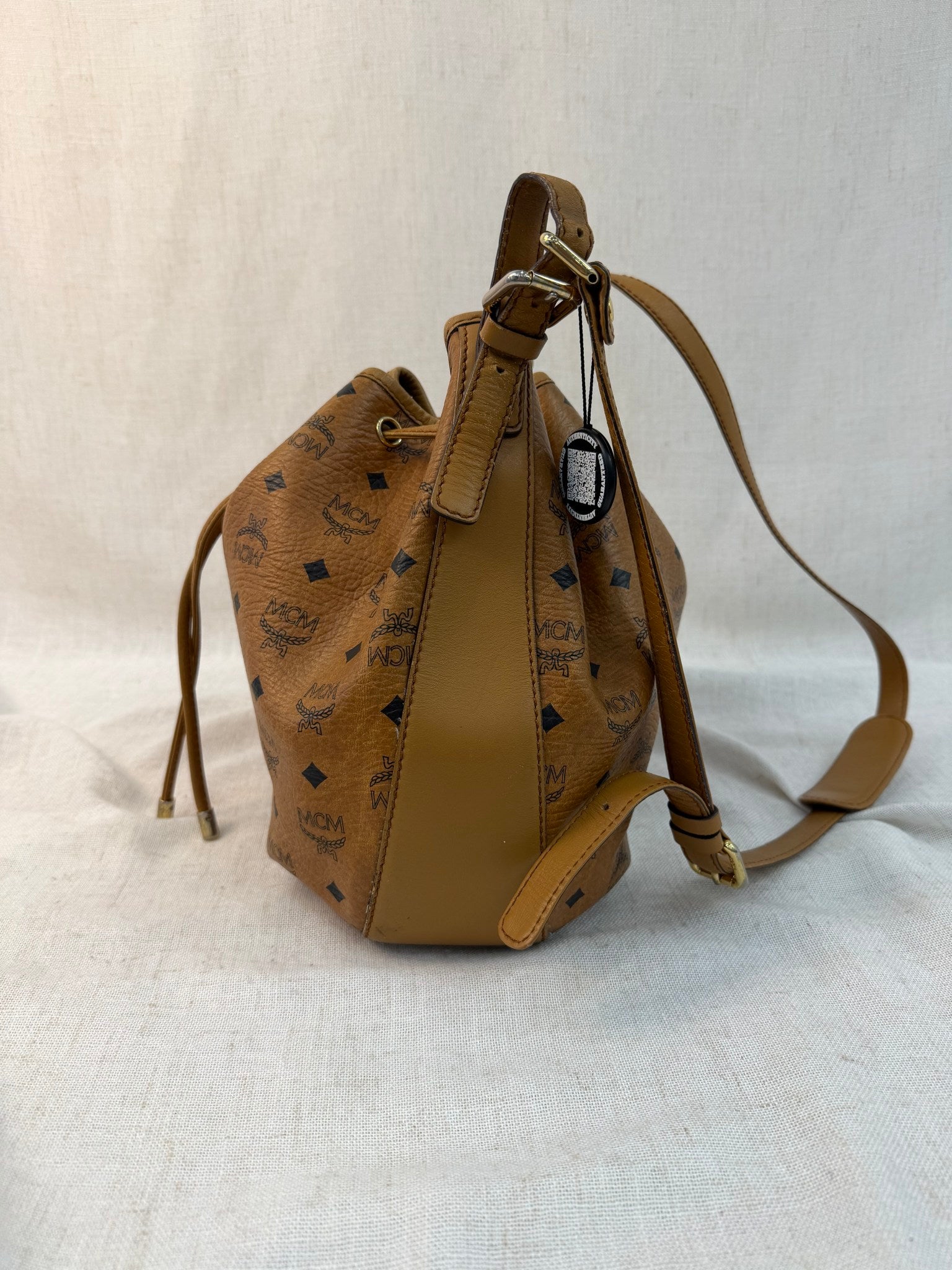 MCM Brown Coated Canvas Drawstring Bucket Bag