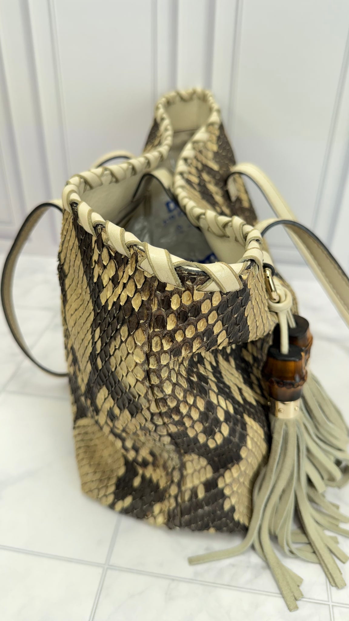 Gucci Snakeskin  & Beige Woven Leather Shoulder Tote