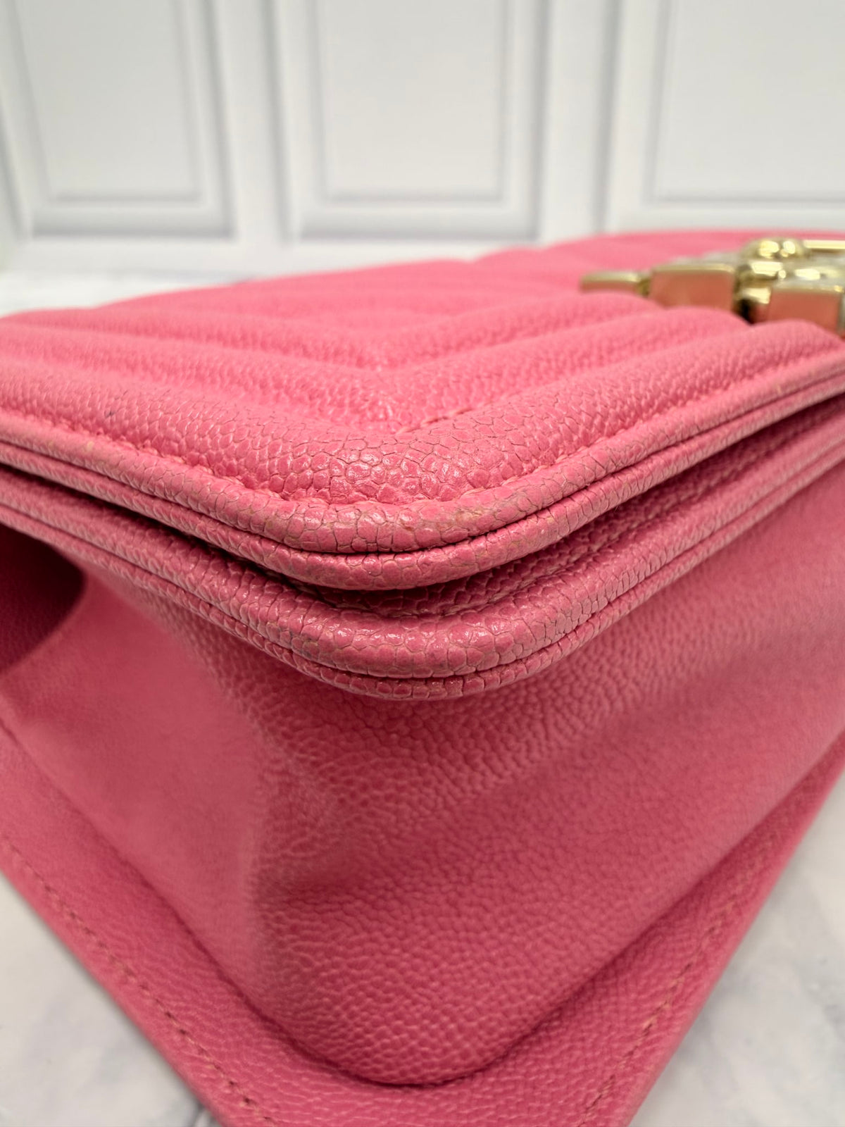 Chanel Pink Chevron Quilted Caviar Leather Boy Flap Bag