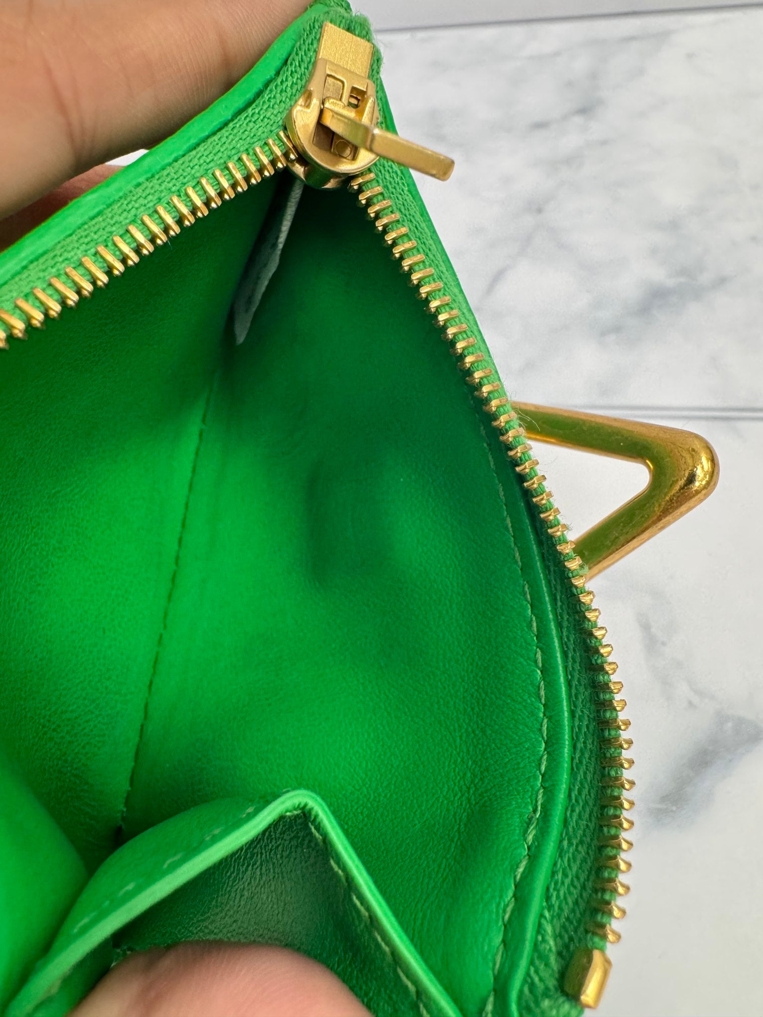 Bottega Veneta Green Leather Triangle Compact Wallet
