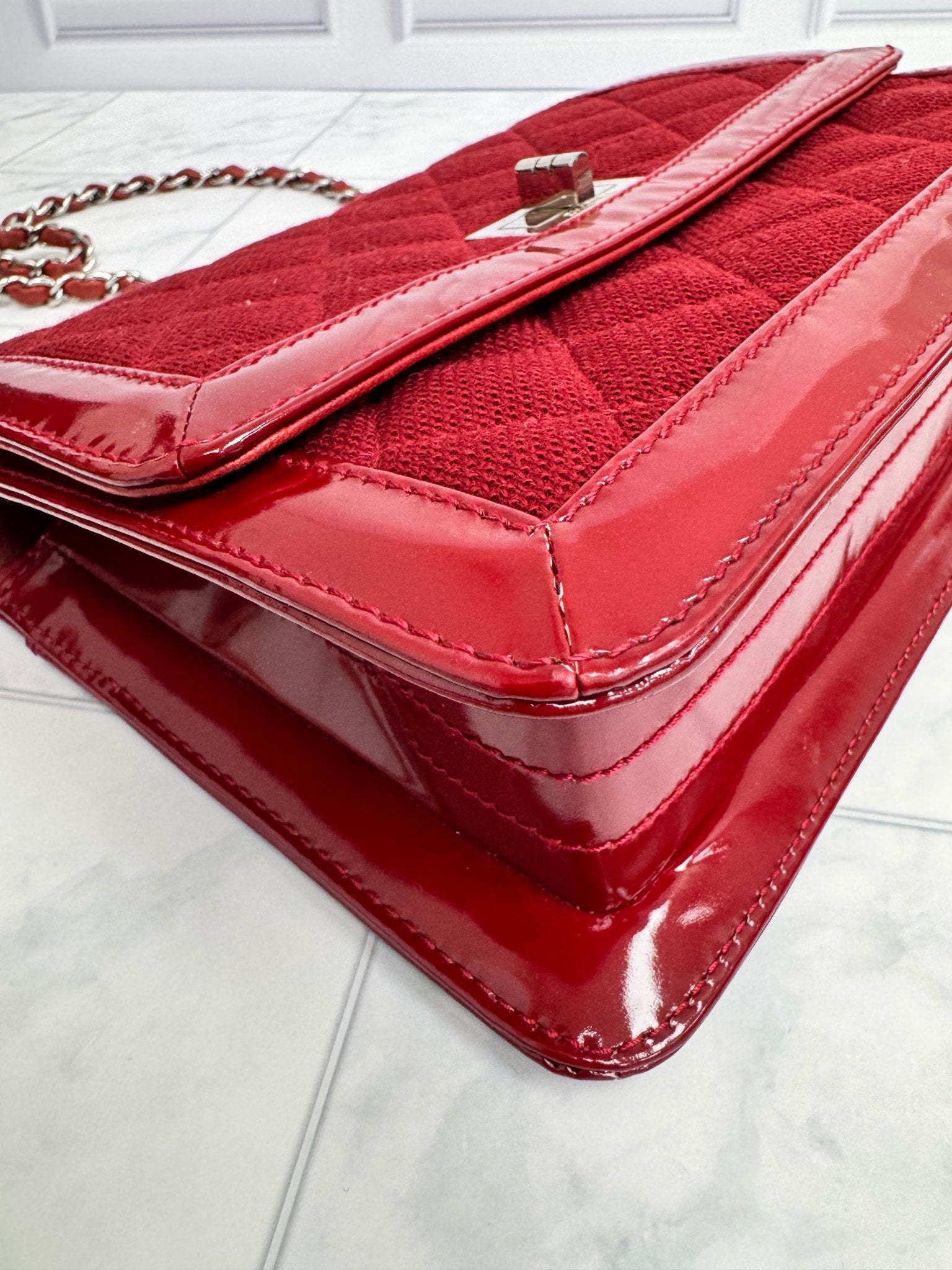 Chanel Red Quilted Jersey And Patent Leather 2.55 Reissue Flap Shoulder Bag