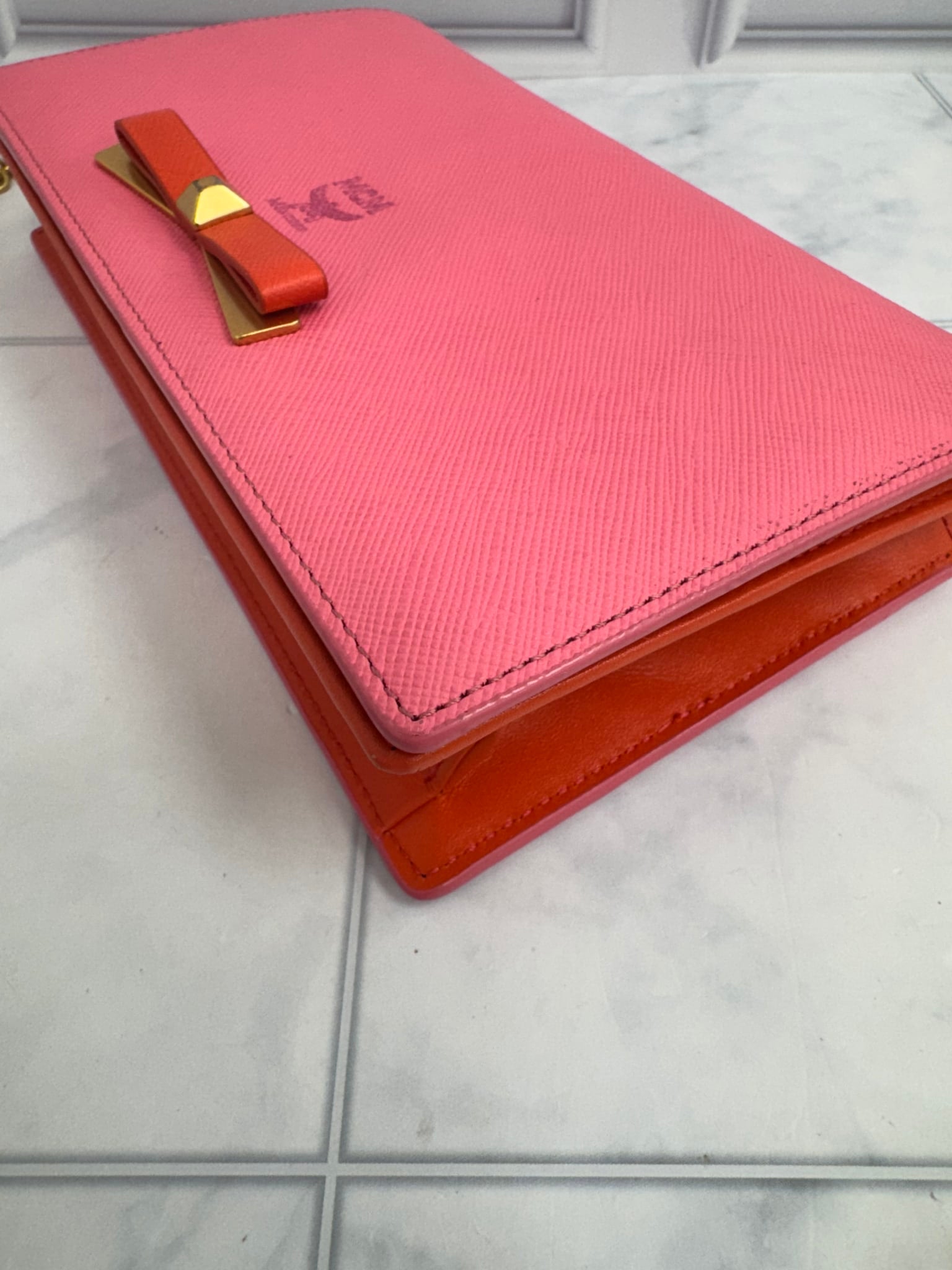 MCM Pink Saffiano Leather Wallet On A Chain