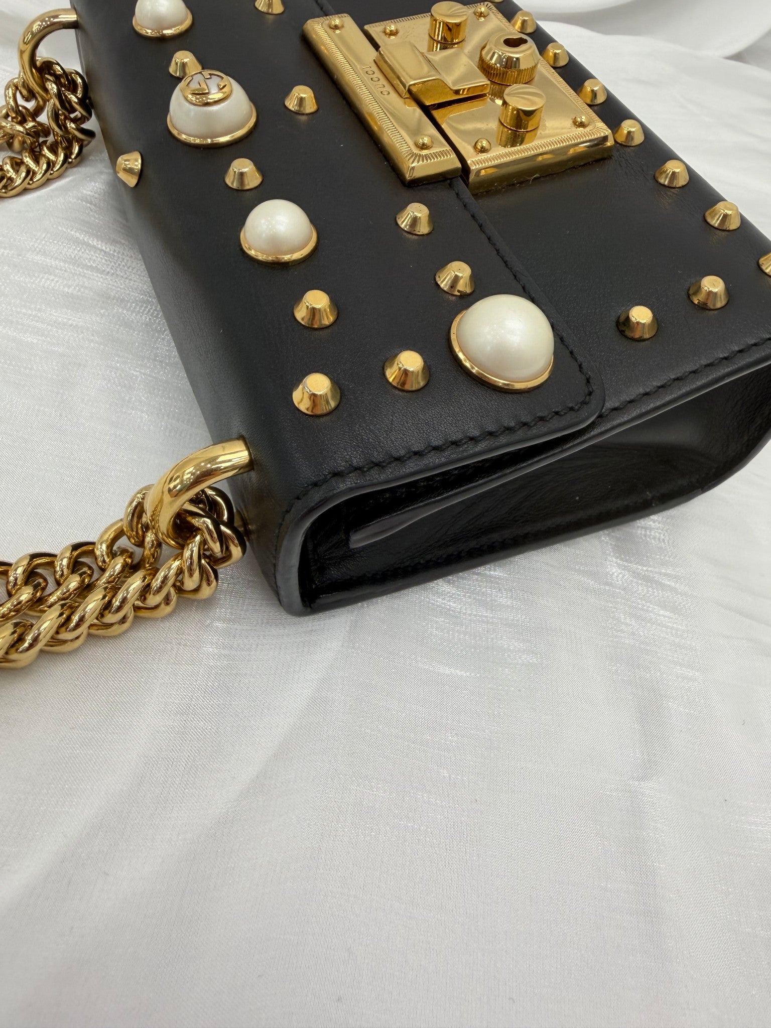 Gucci Black Leather Small Studded Pearl Padlock Bag