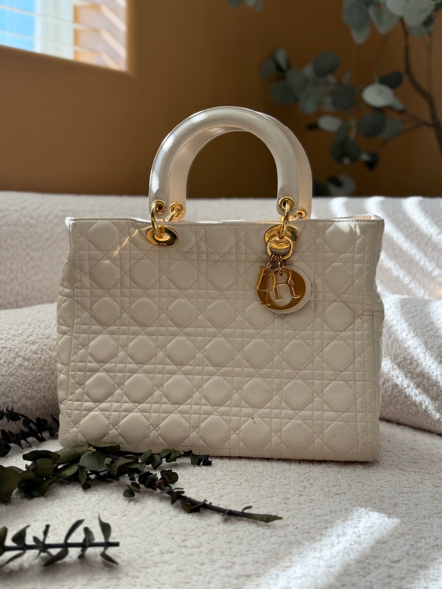 Christin Dior Cream Cannage Leather Large Lady Dior