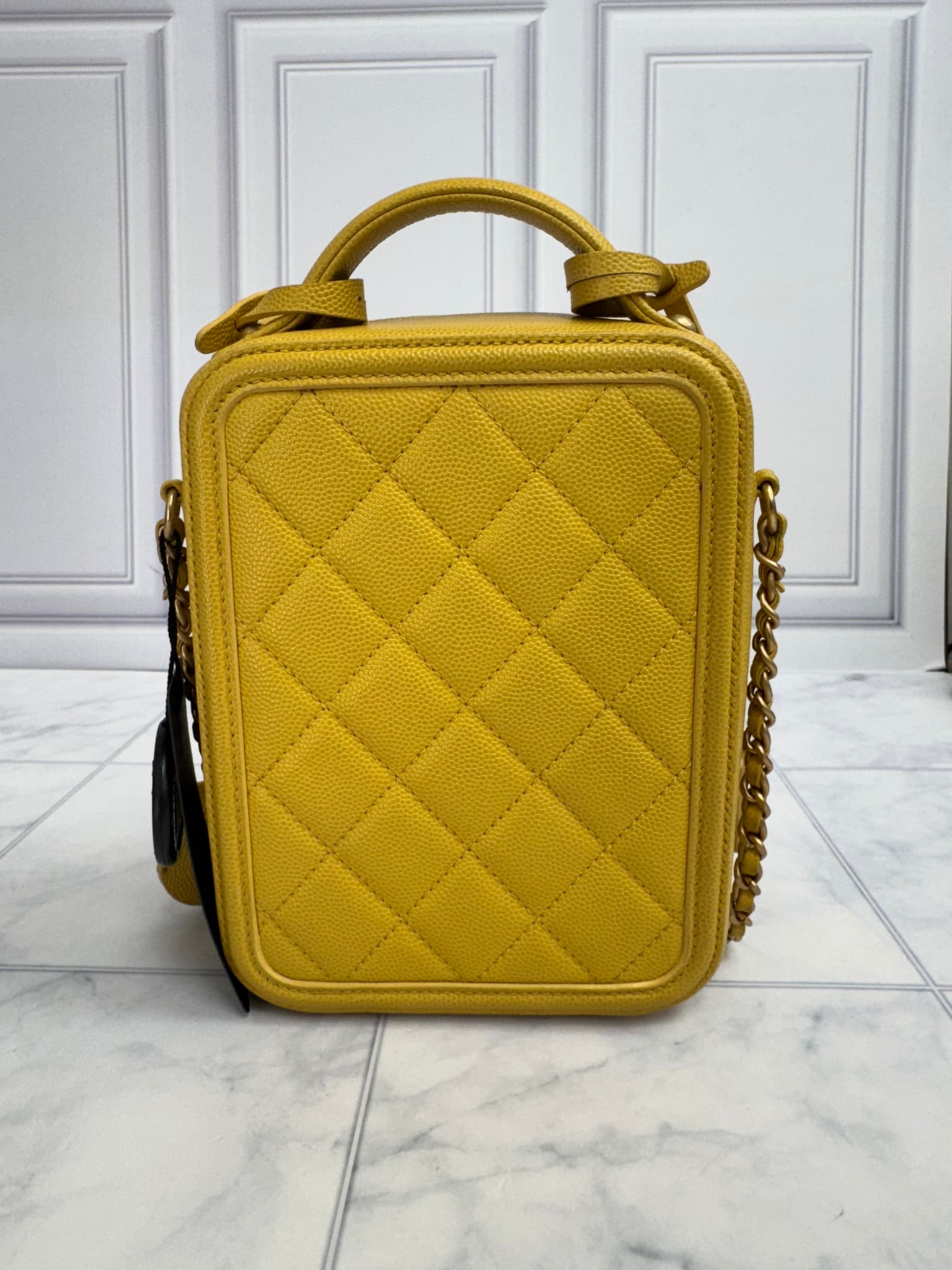Chanel Yellow Caviar Quilted Filigree Vertical Vanity Case 