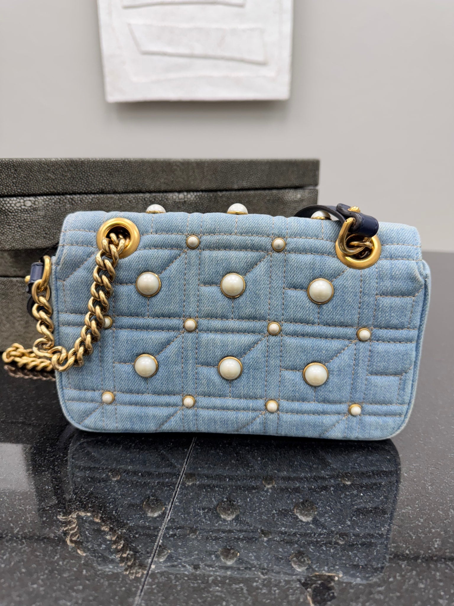 Gucci Blue Distressed Denim GG Marmont Pearls Shoulder Bag