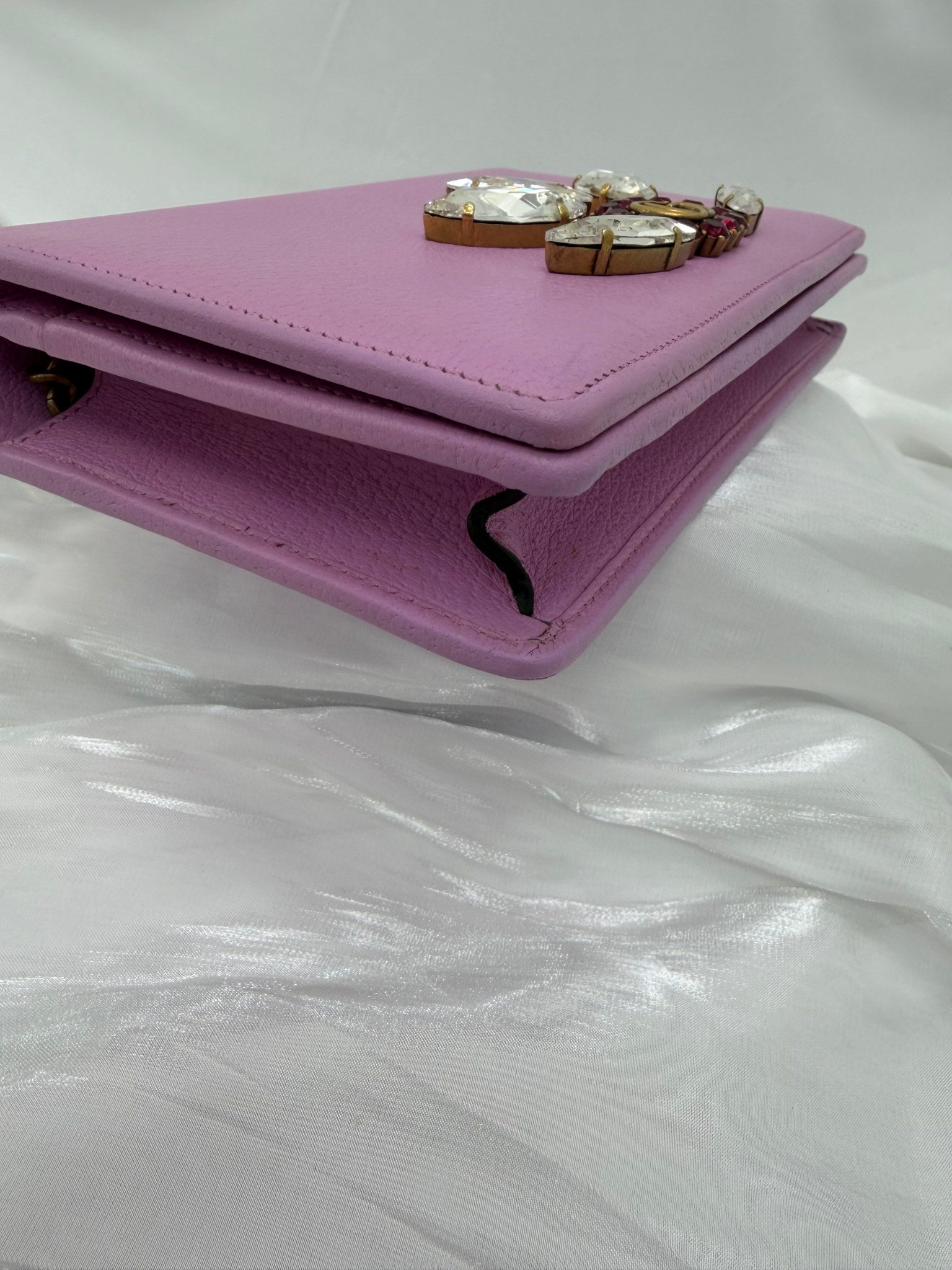 Gucci Pink Leather Marmont Marquise Crystal Wallet on a Chain