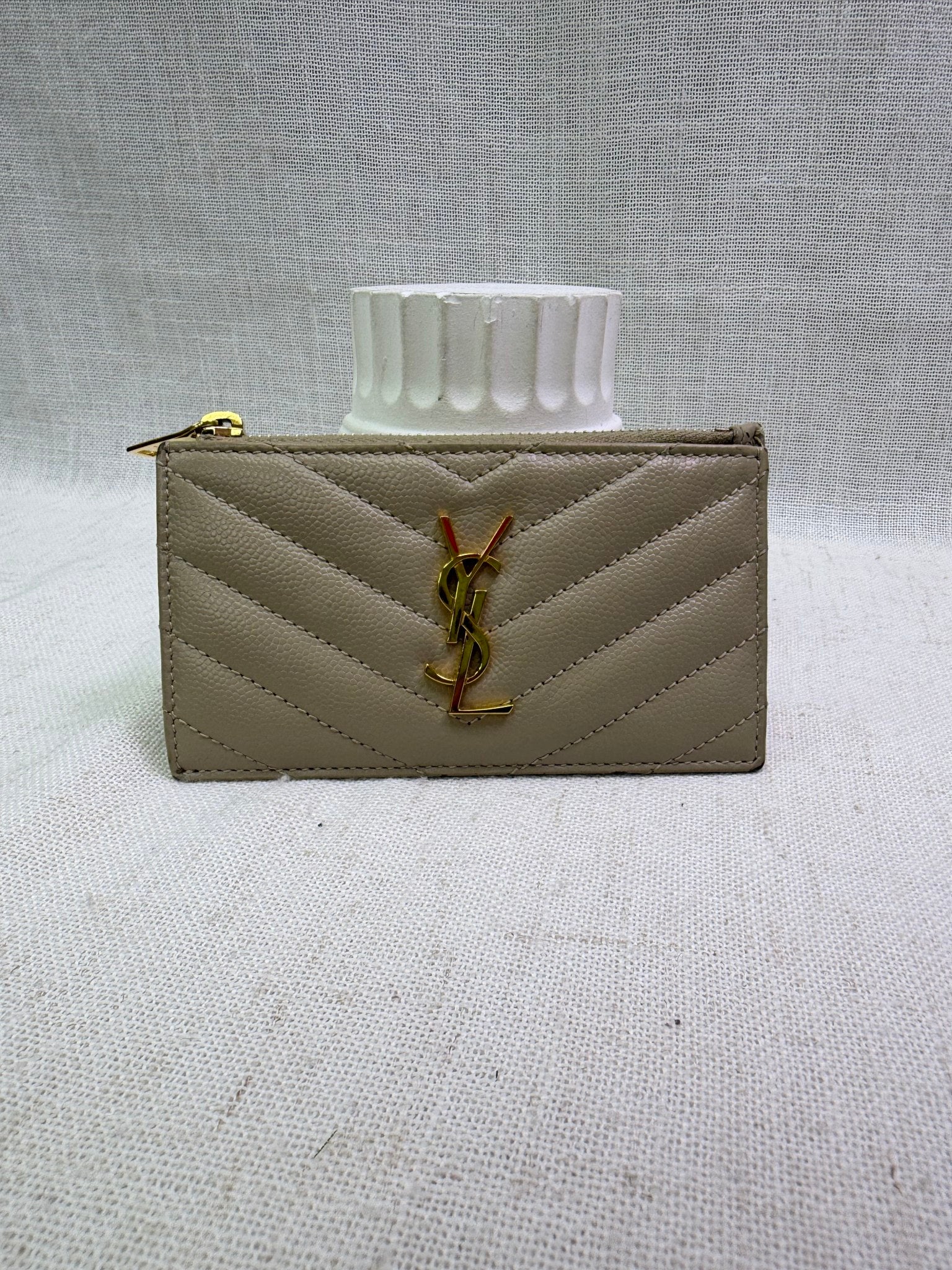 Saint Laurent YSL Tan Pebbled Leather Zippy Card Case