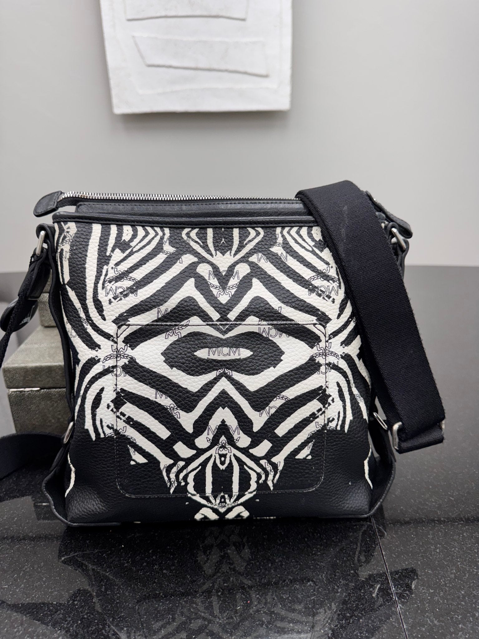 MCM Visetos Zebra Print Coated Canvas Large Crossbody Bag