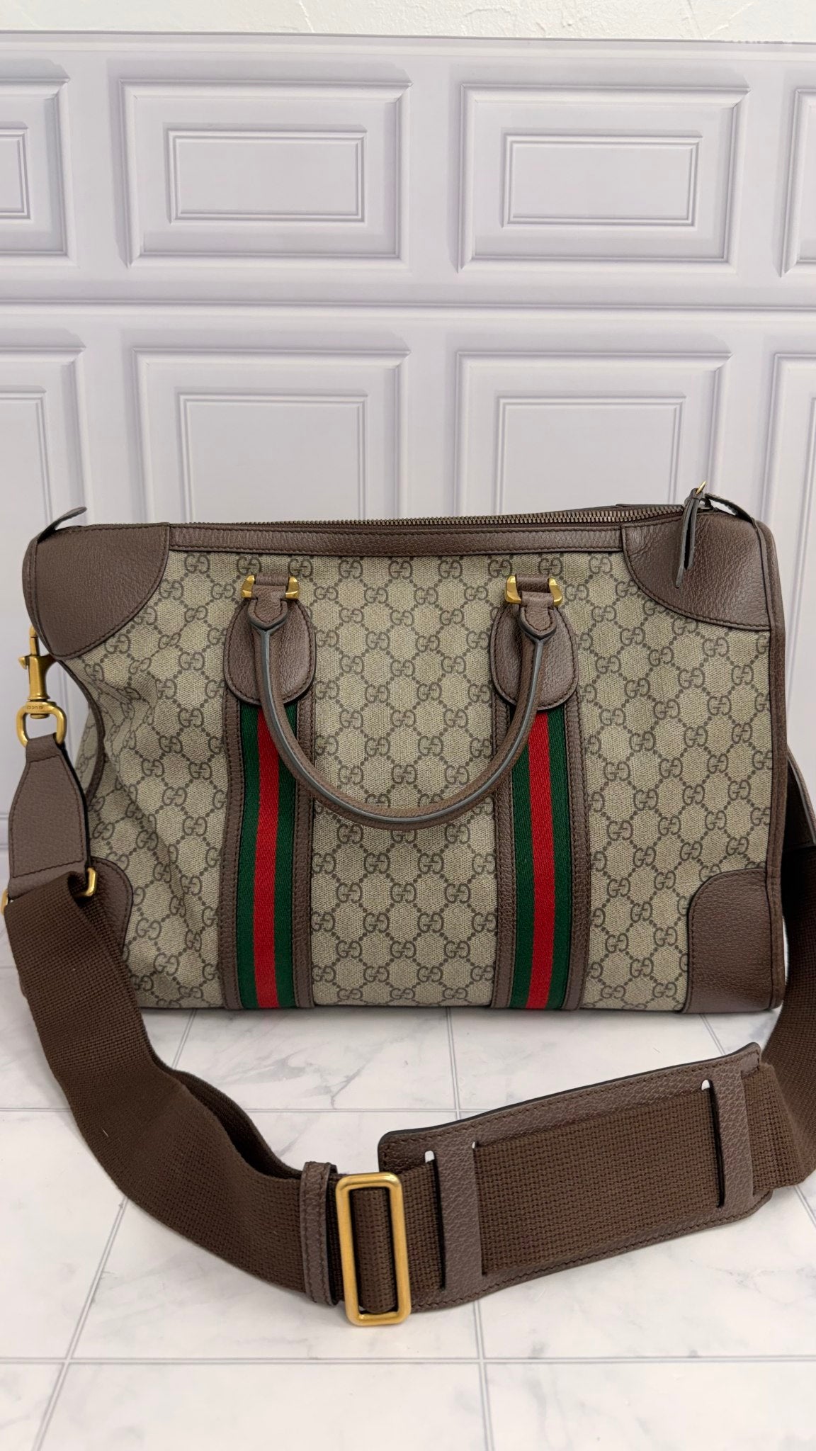 Gucci Supreme Coated Canvas Neo GG Web Duffle Bag