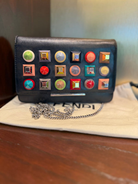 Fendi Black Leather Multicolored Studded Wallet on a Chain 