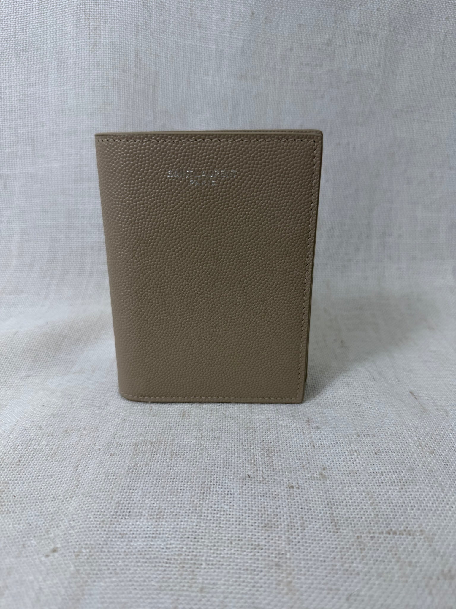 LIKE NEW - Saint Laurent Taupe Grained Leather Tiny Cassandre Wallet 