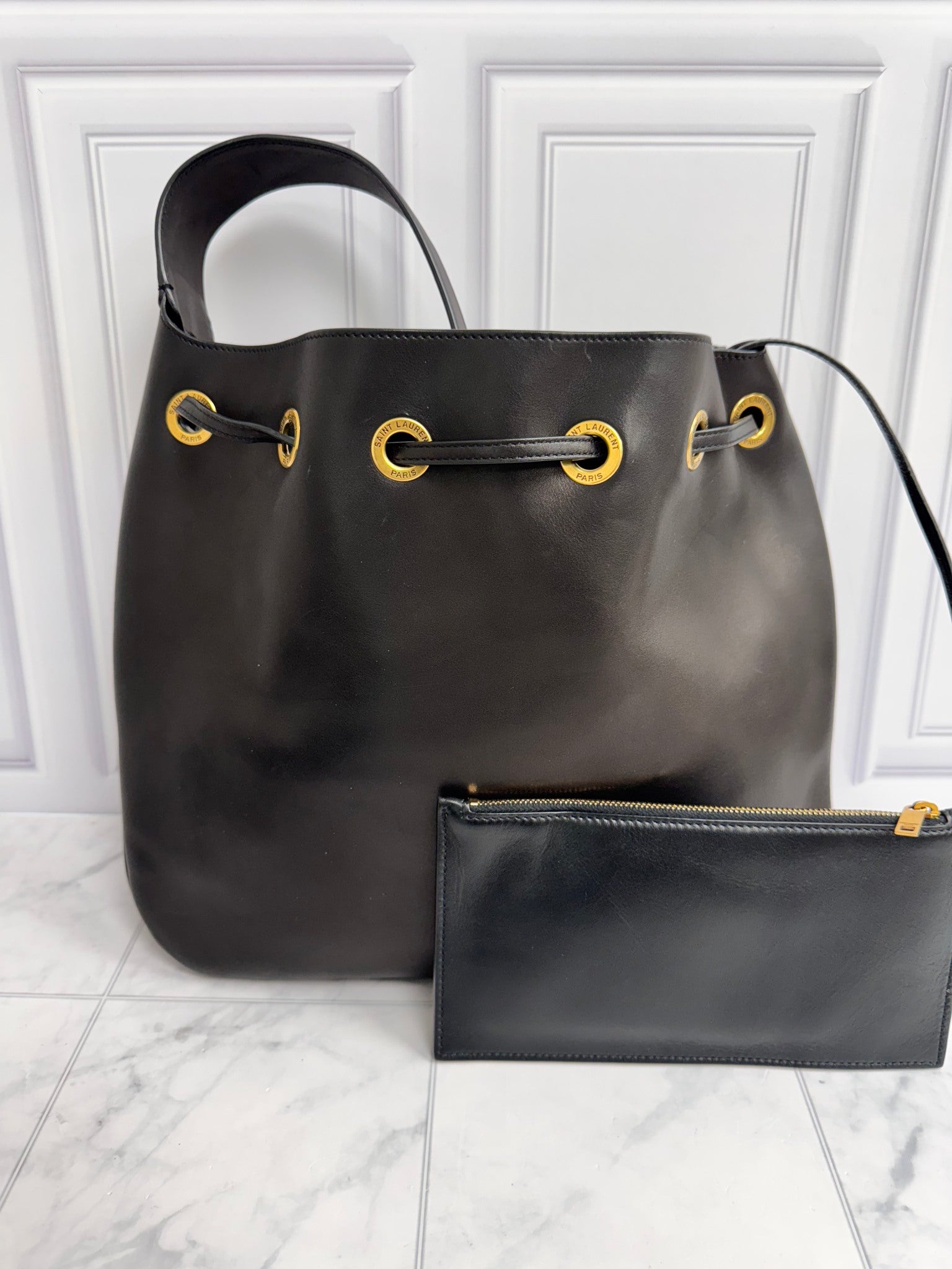 Saint Laurent Black Leather Paris VII Hobo Bag