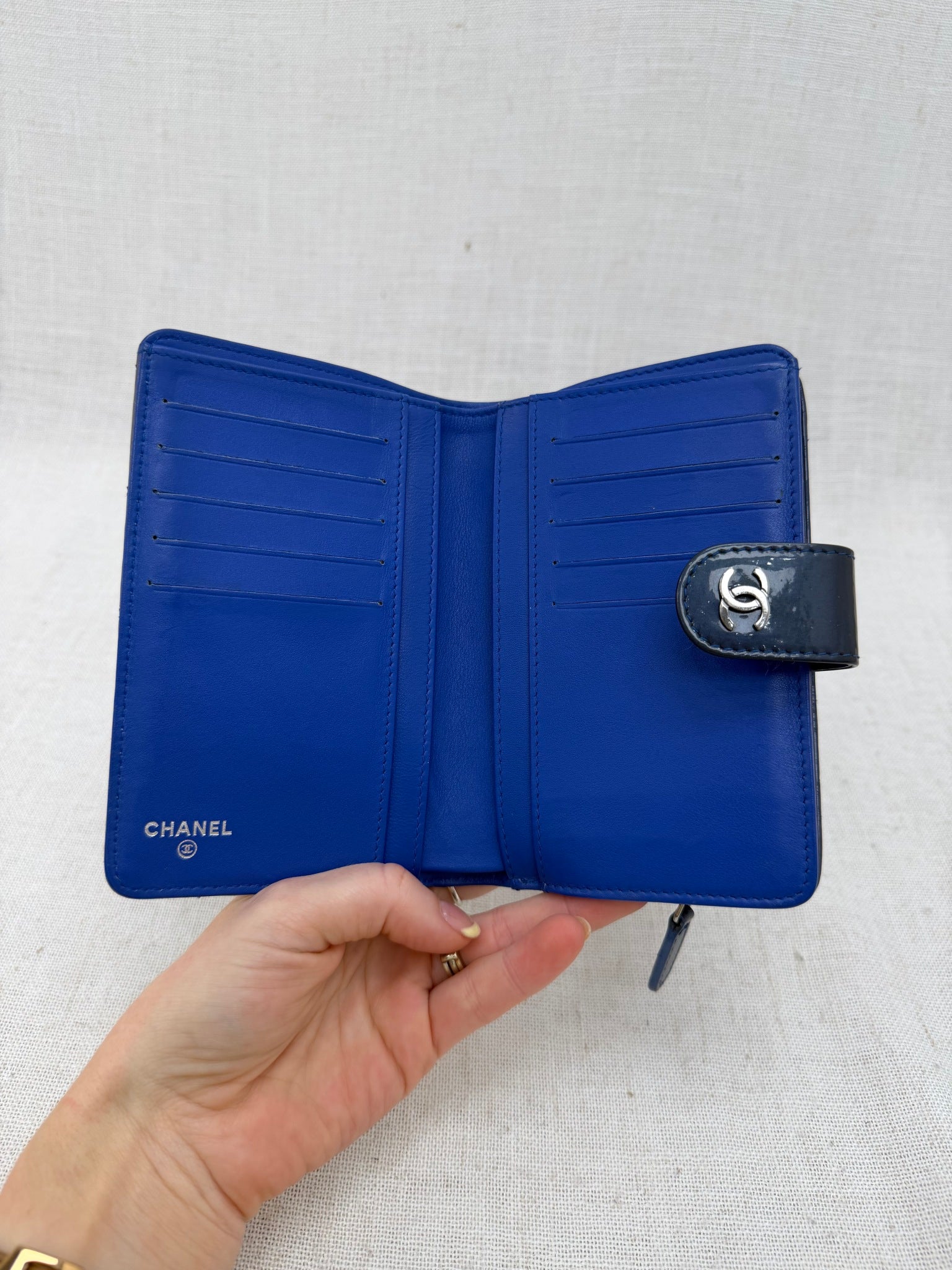 Chanel Blue Quilted Patent Leather Compact Wallet