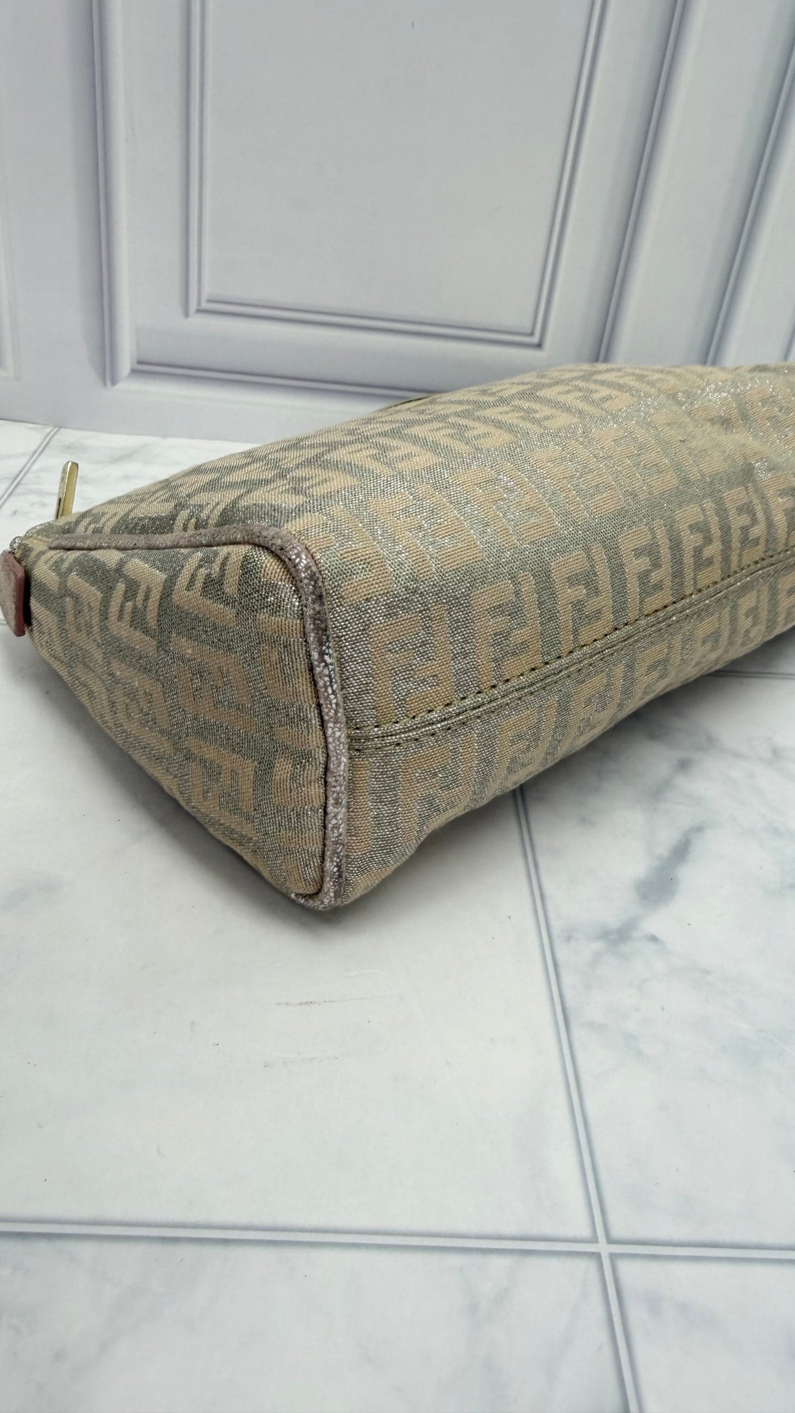 Fendi Metallic Silver & Dusty Pink Zucca Canvas Pouch