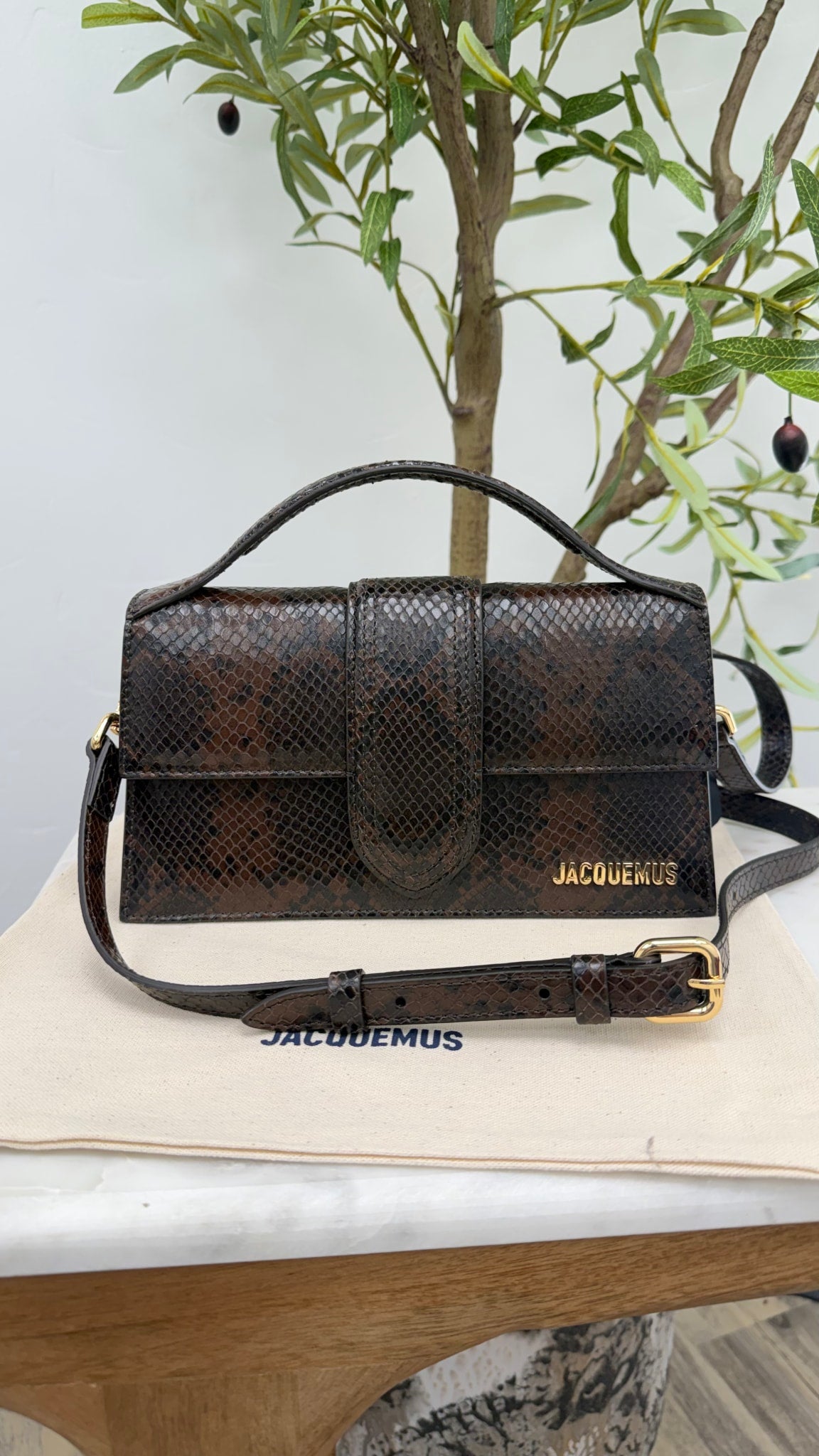 BRAND NEW - Jacquemus Black & Brown Snakeskin Embossed Leather Le Grand Bambino 2Way Handbag