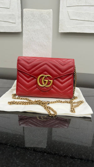 Gucci Red Leather Marmont Wallet on a Chain