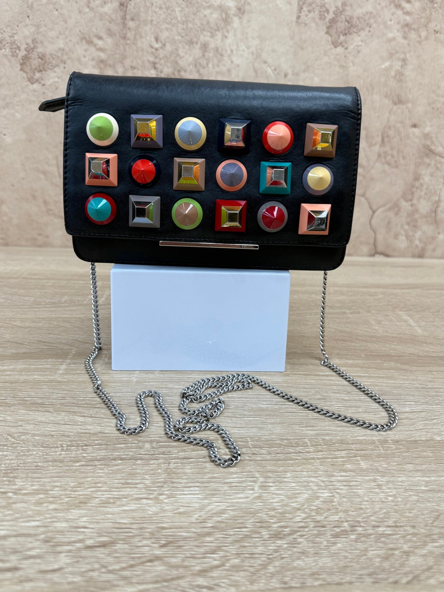 Fendi Black Leather Multicolored Studded Wallet on a Chain 