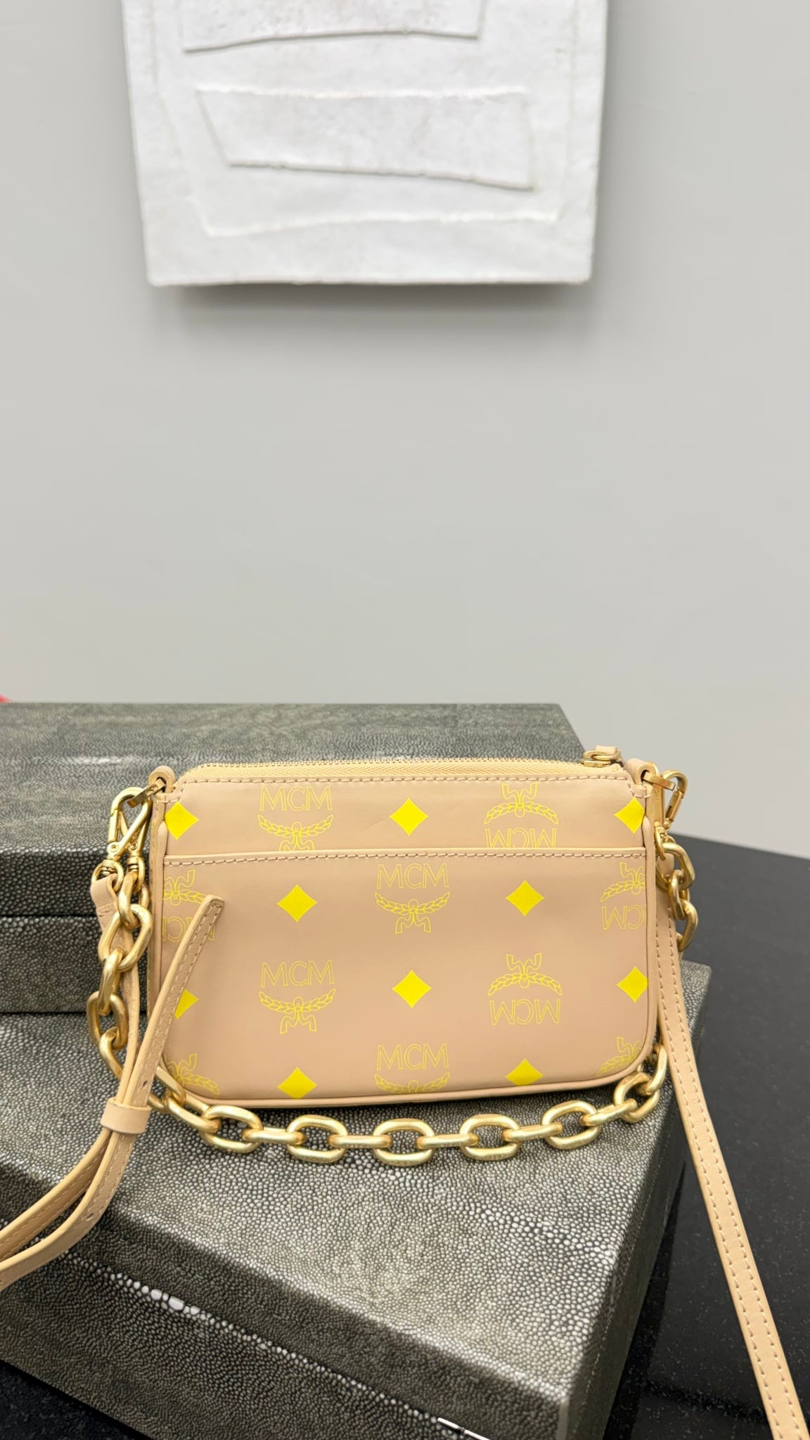 MCM Beige Leather Chain Crossbody Bag