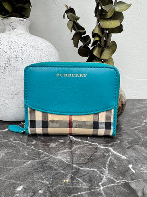 Burberry Teal House Check Canvas And Leather Compact Zippy Wallet
