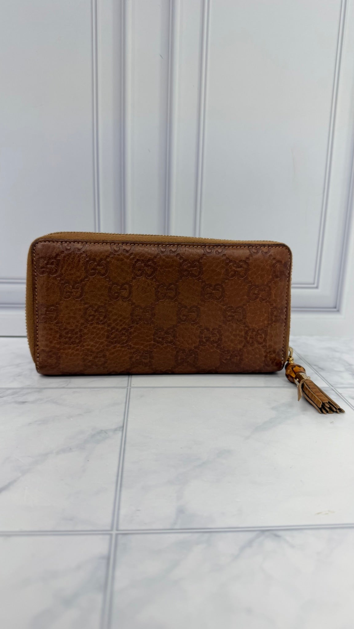Gucci Brown Embossed GG Grained Leather Bamboo Zippy Wallet 