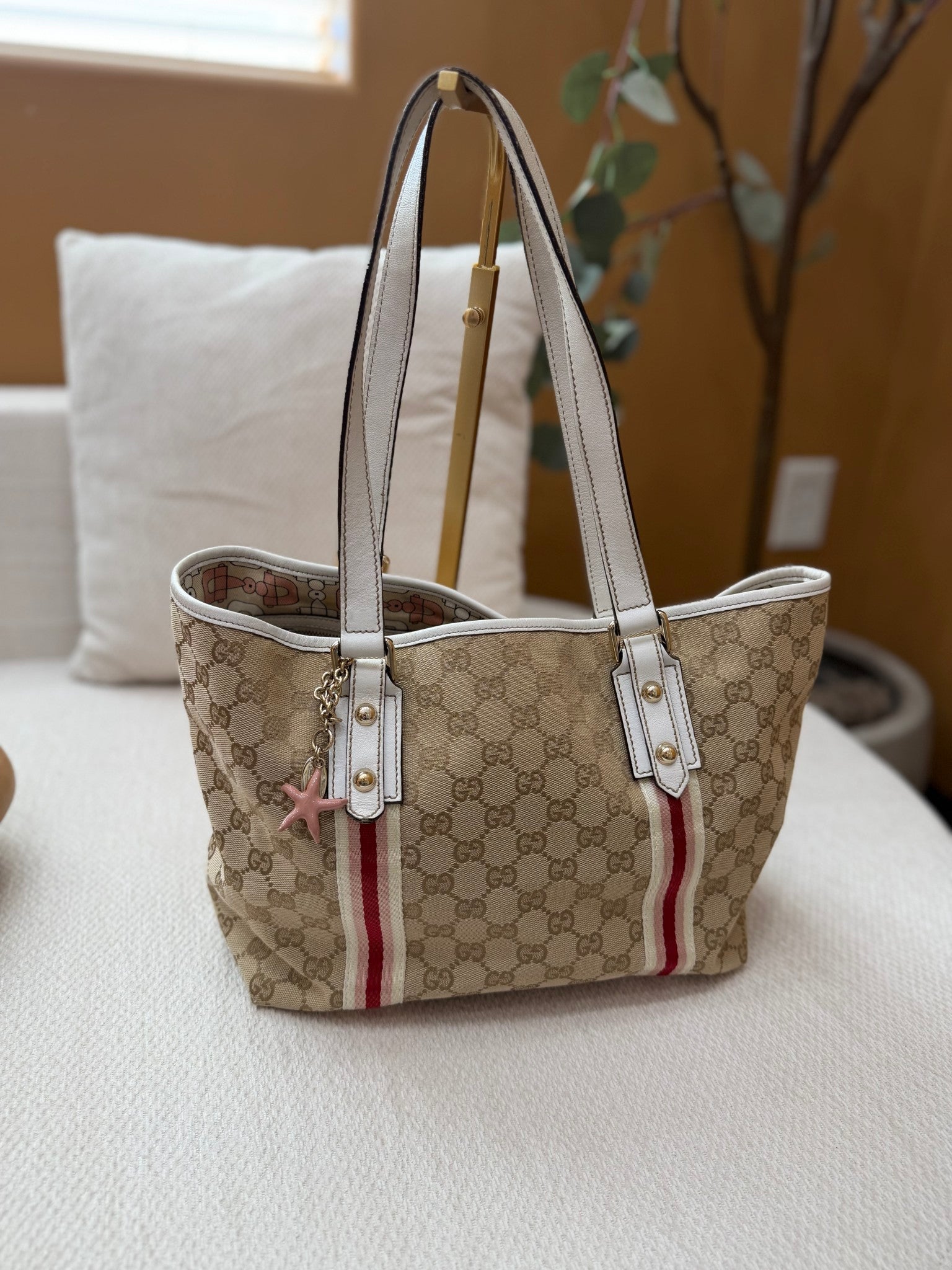Gucci Beige GG Canvas & Pink Web Straps Shoulder Tote