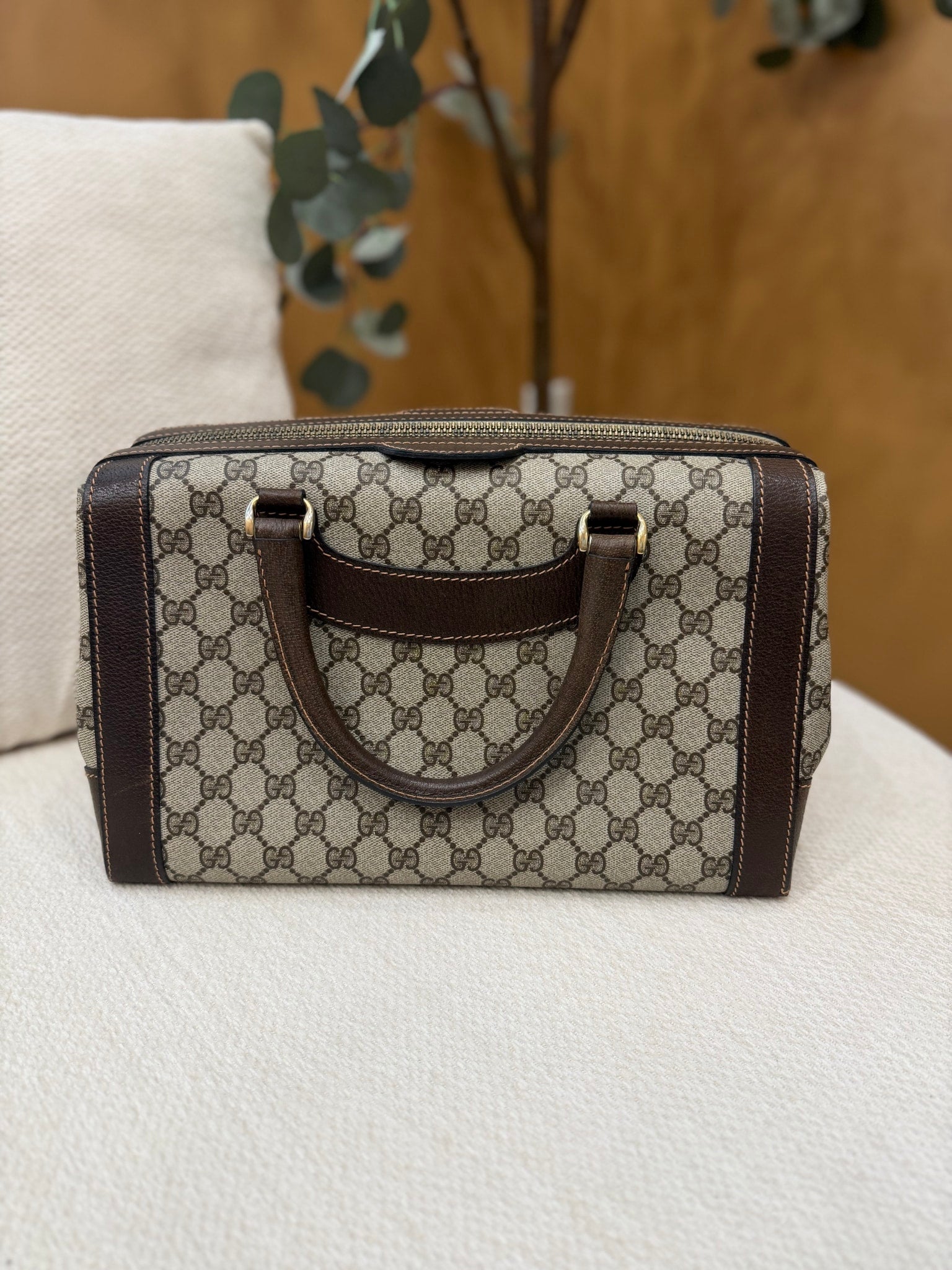 Gucci Brown Coated Canvas GG Print Vintage Boston Bag