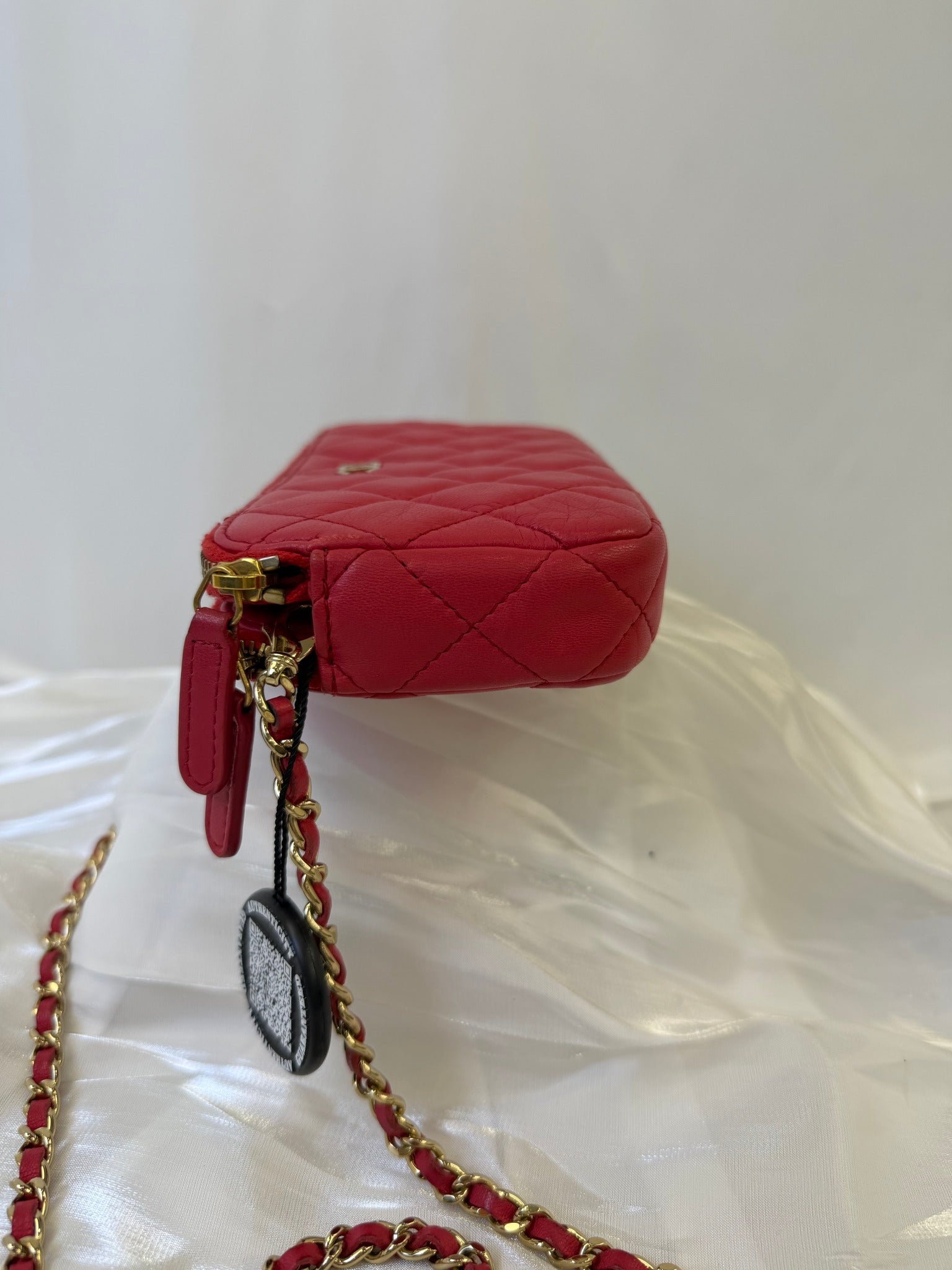 Chanel Red Lambskin Double Zippy Wallet On Chain