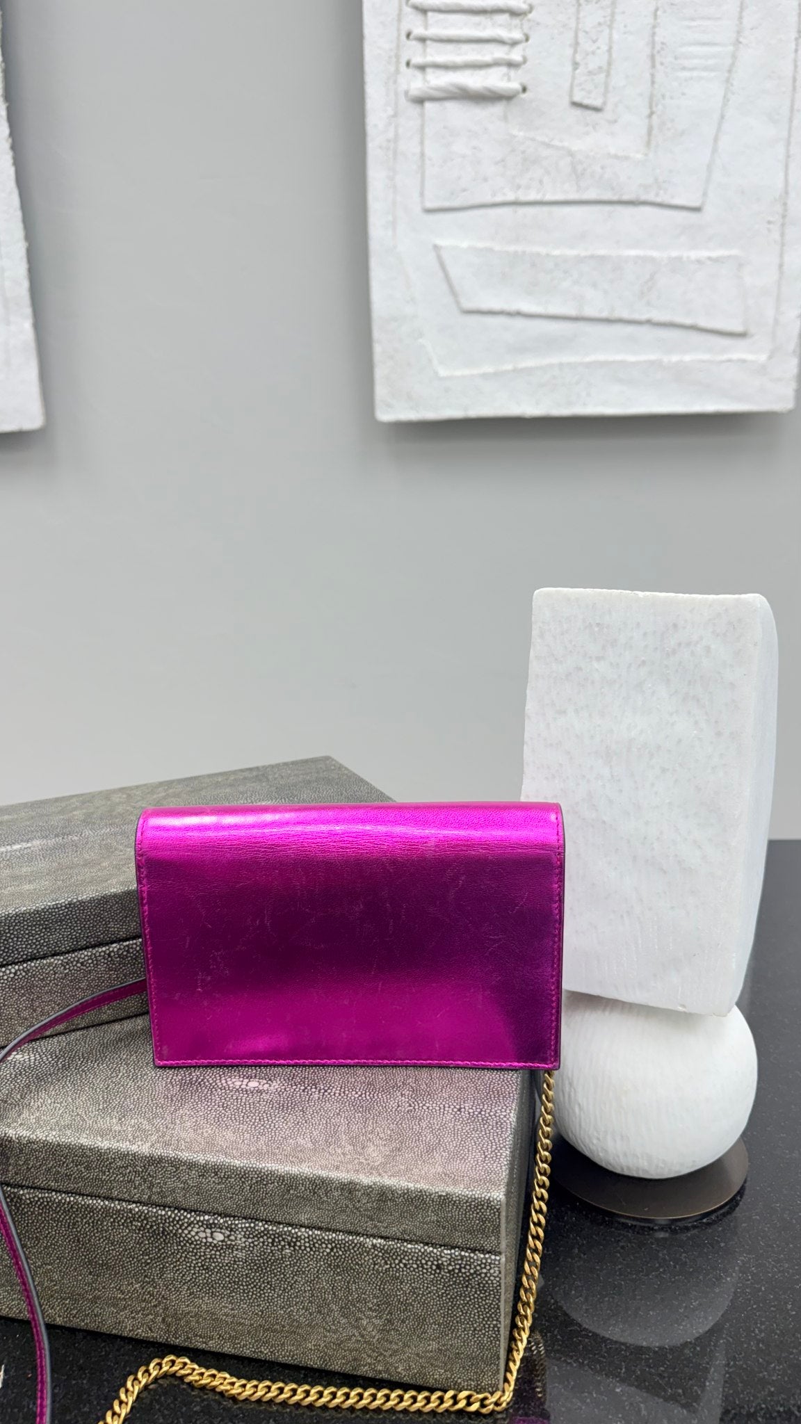 Saint Laurent YSL Fuchsia Metallic Leather Kate Wallet On A Chain 
