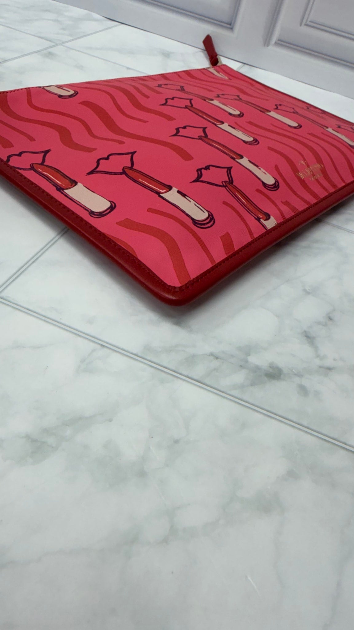 Valentino PINK Lipstick Printed Leather Pouch