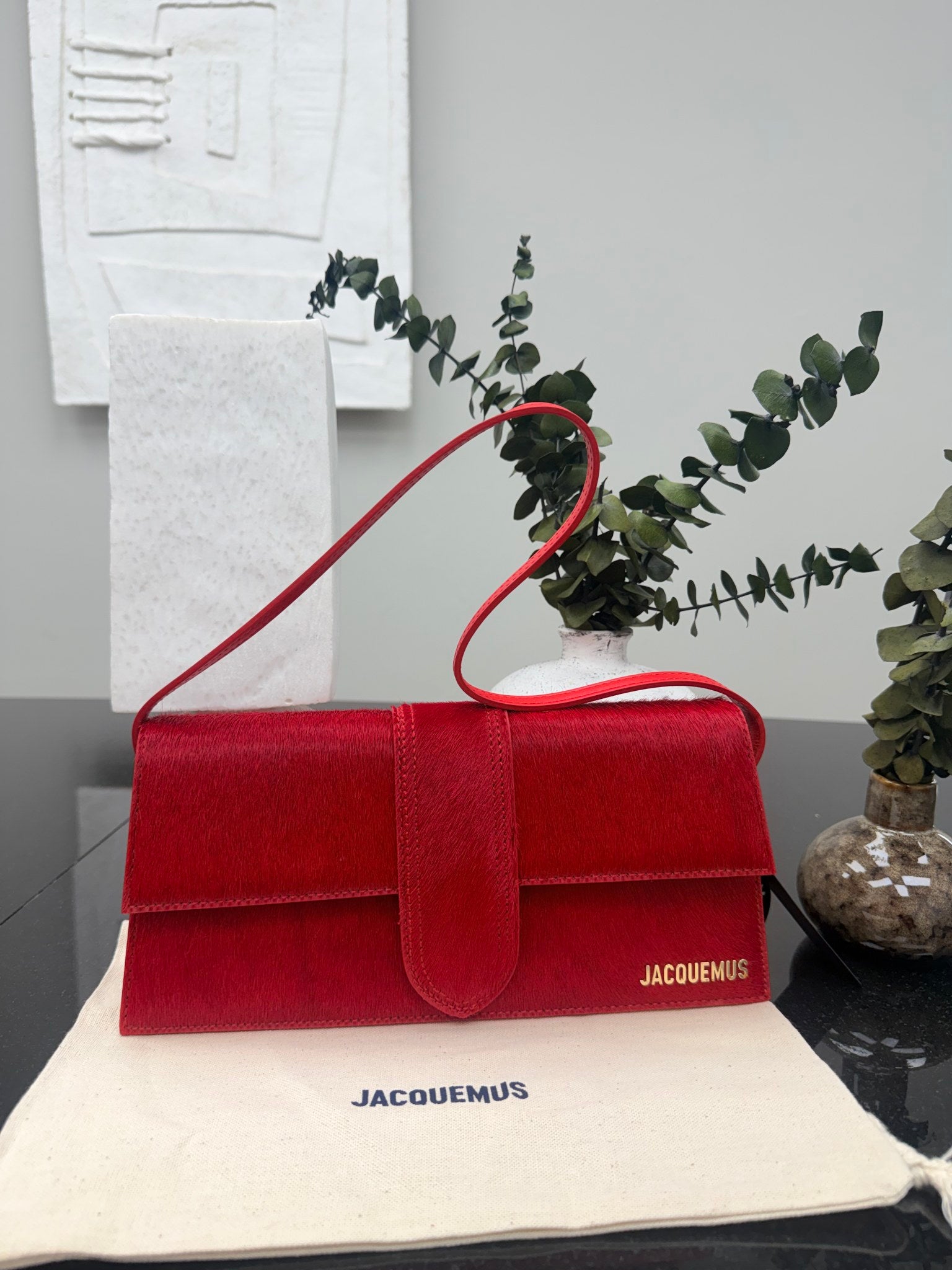 BRAND NEW - Jacquemus Red Pony Hair Le Bambino Long Shoulder Bag
