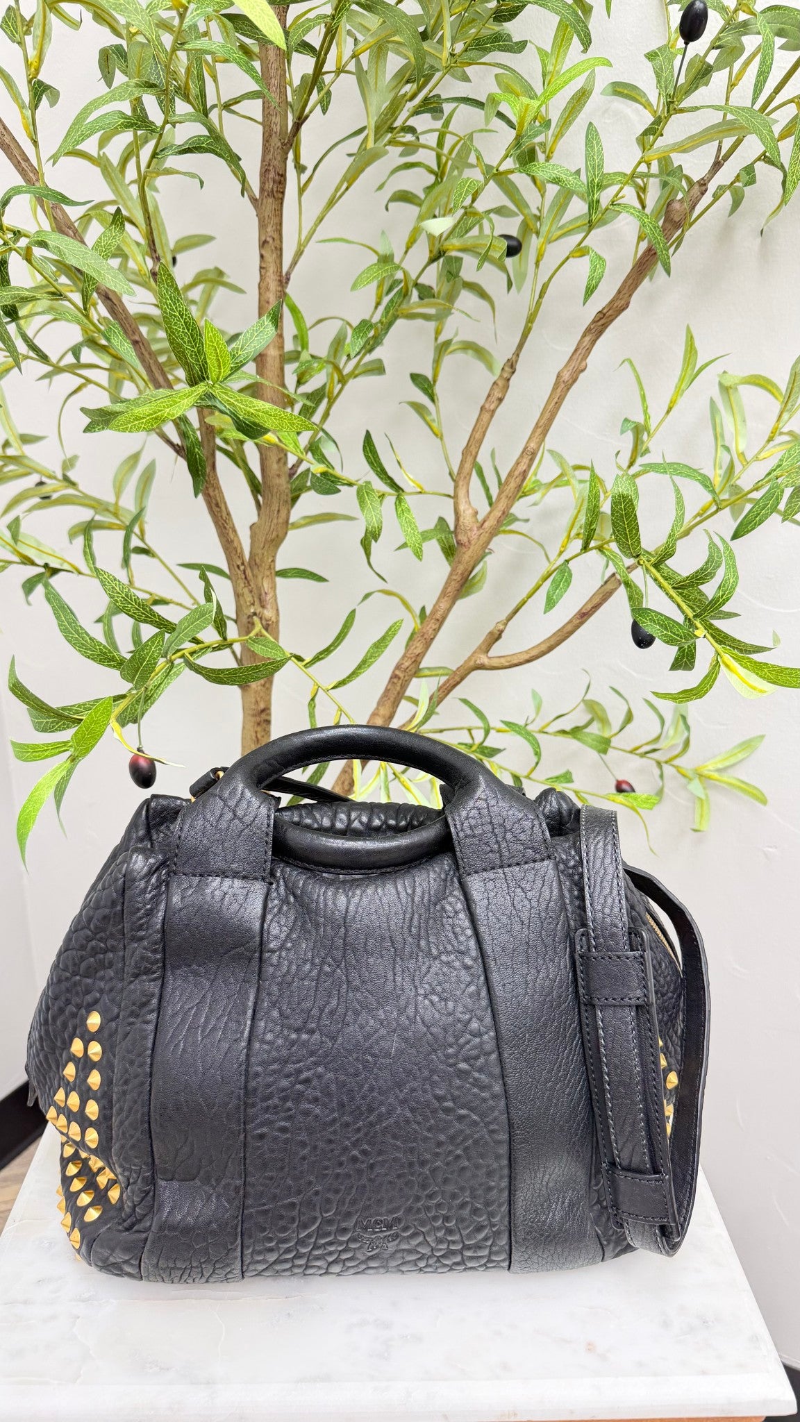 MCM Black Pebbled Leather Keana Studded Satchel 