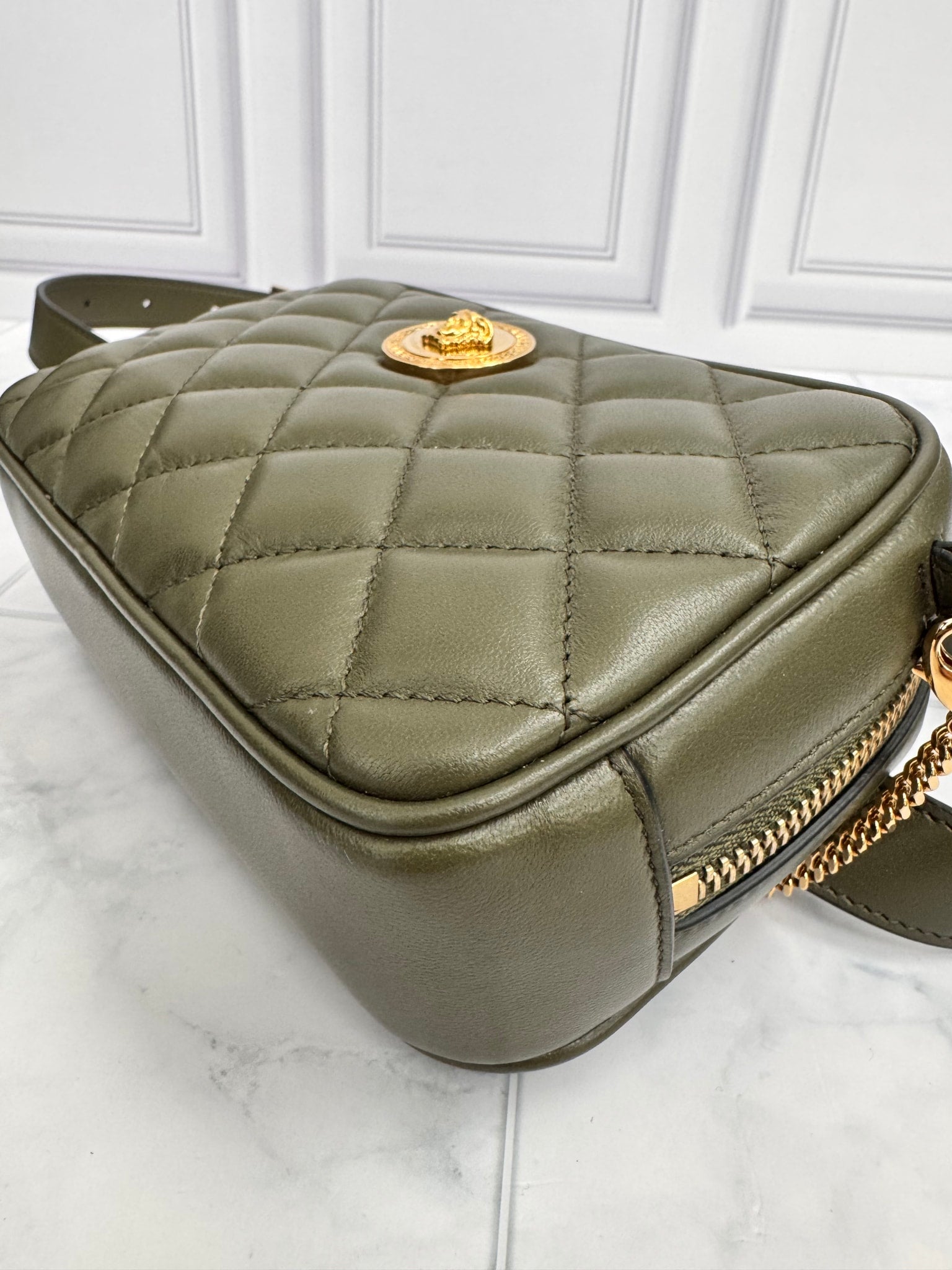 Versace Dark Green Quilted Leather Medusa Head Belt Bag